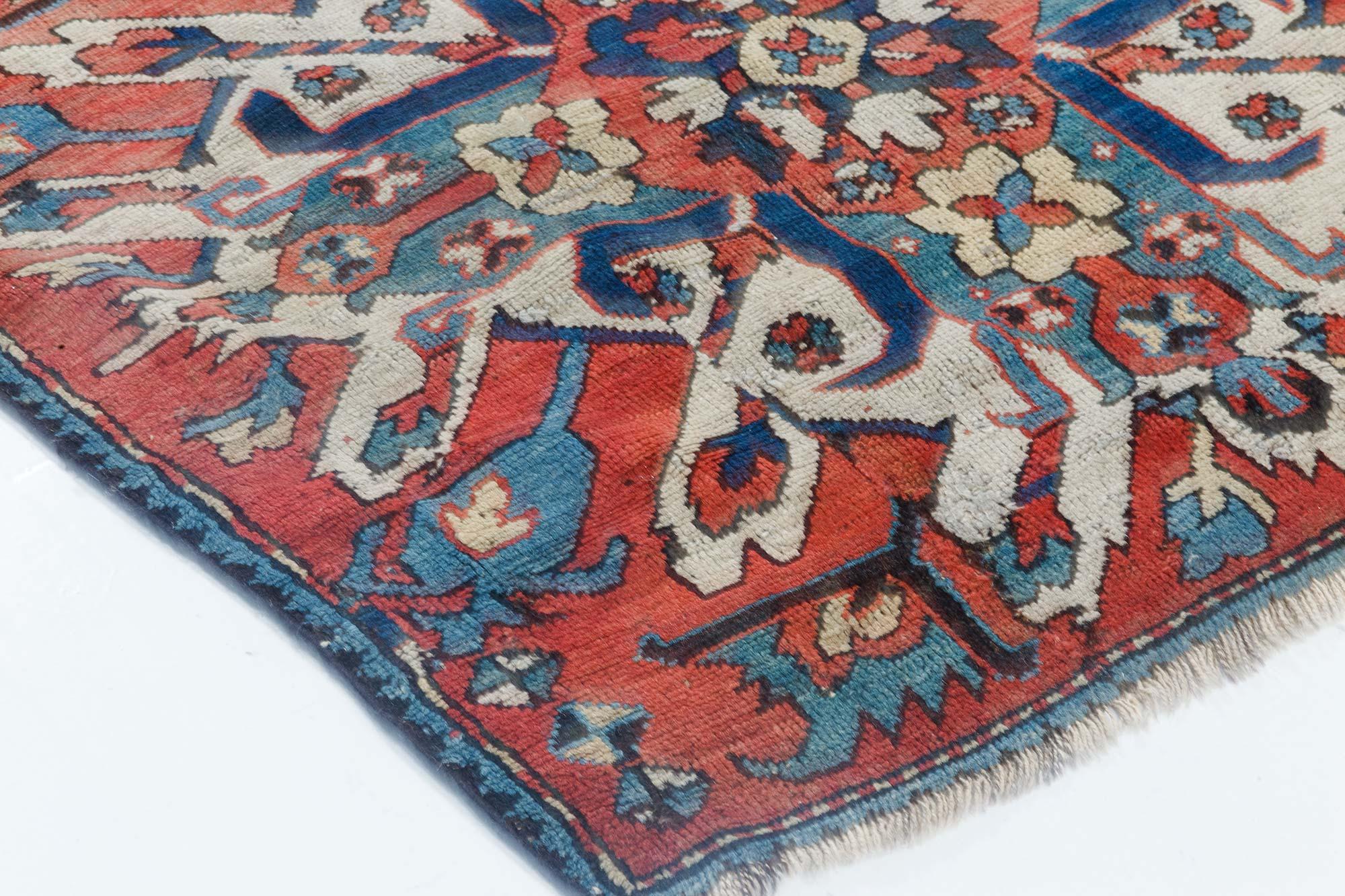 20th Century 1920s Kazak Blue, Red and White Handmade Wool Rug