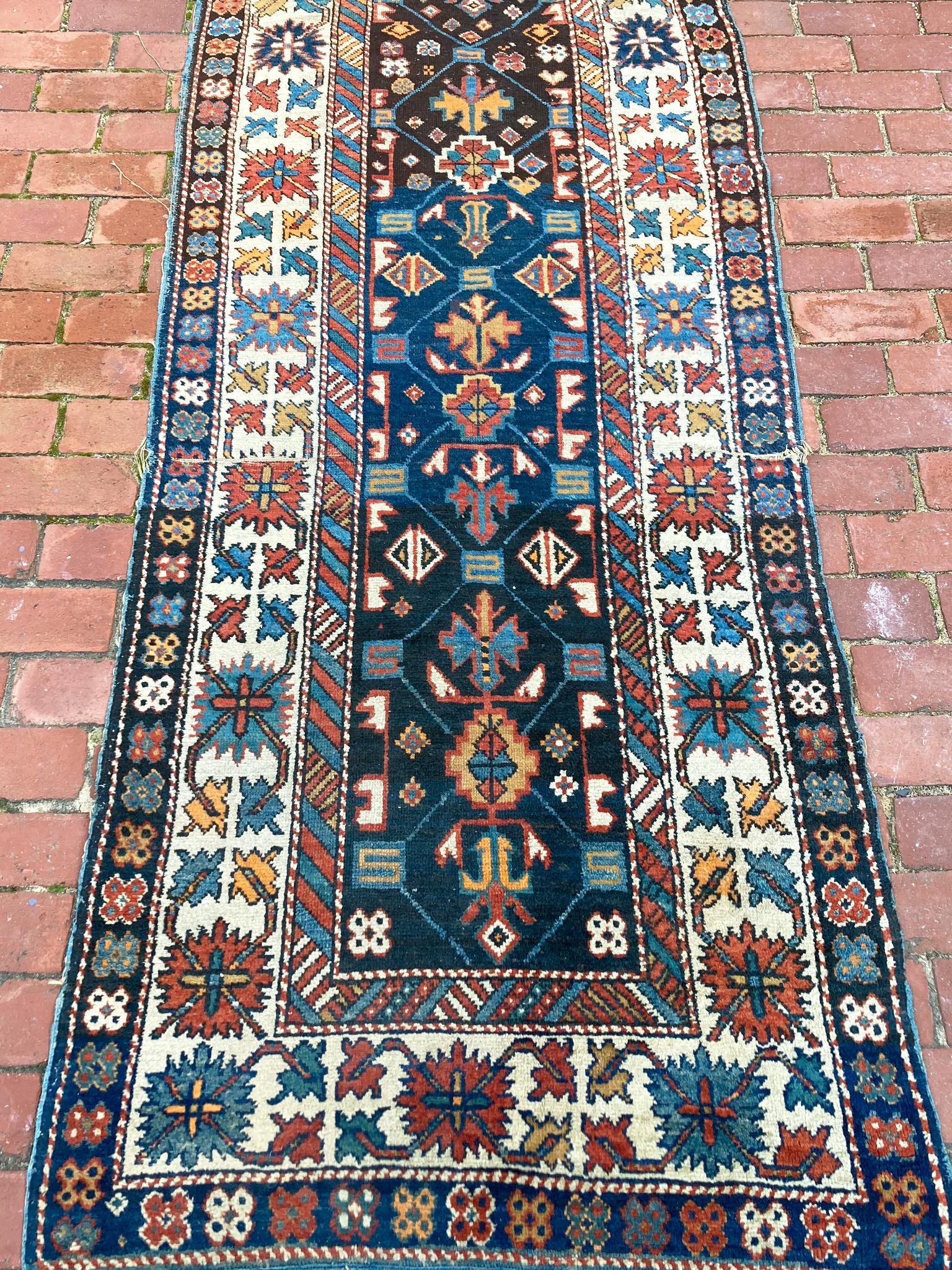 Dyed 1920s Kazak Runner Rug