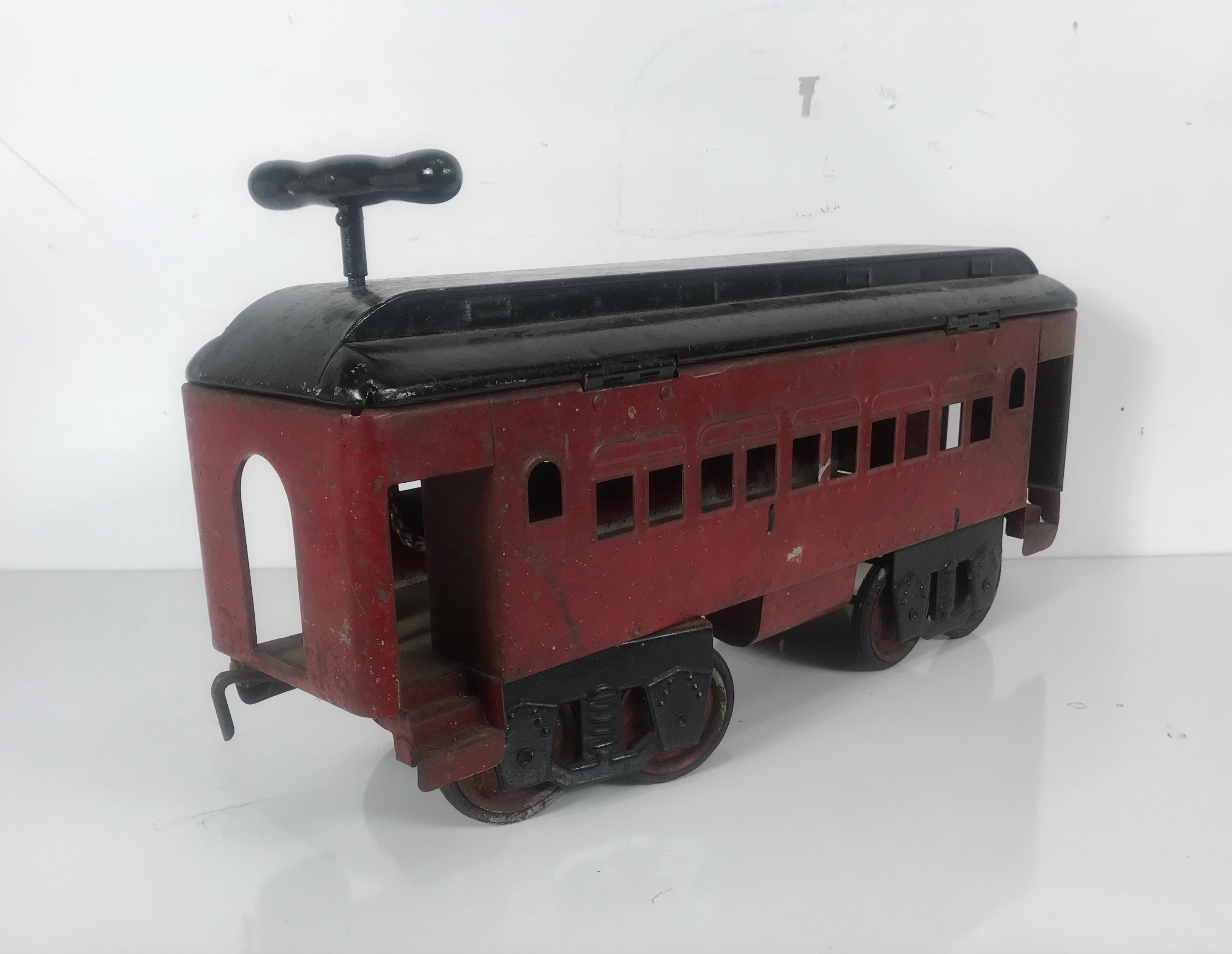 Painted 1920s Keystone Pullman Ride on Train / Trolly, Pressed Steel Toy