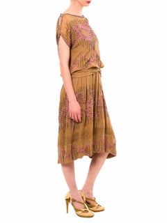 1920S Khaki Silk Cocktail Dress With Pink & Gold Beadwork