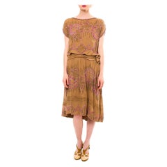 Abito da cocktail 1920S in seta kaki con perline rosa e oro