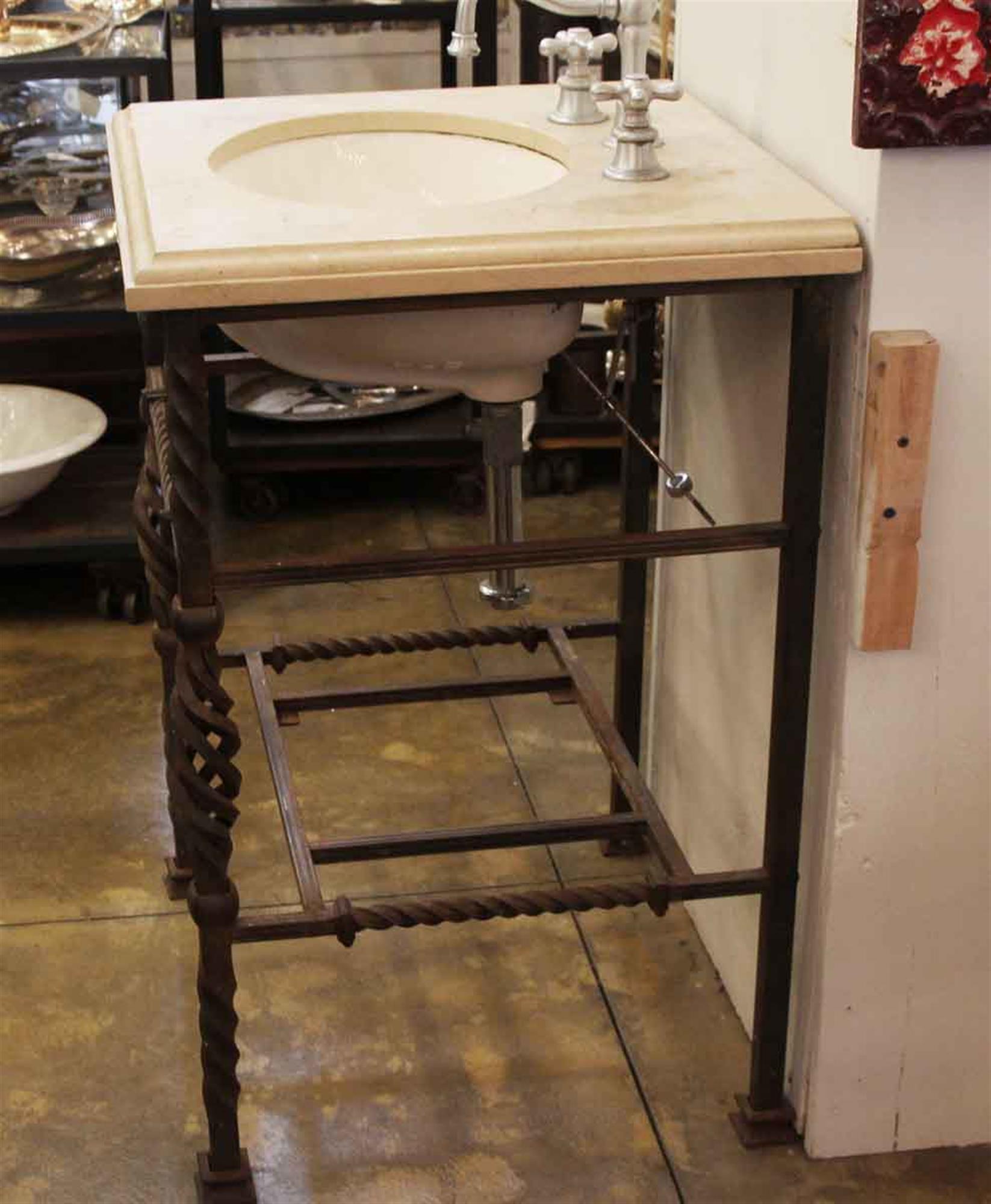 1920s Kohler Tan Marble Sink with Hand Twisted Wrought Iron Frame Base 1