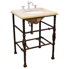 1920s Kohler Tan Marble Sink with Hand Twisted Wrought Iron Frame Base