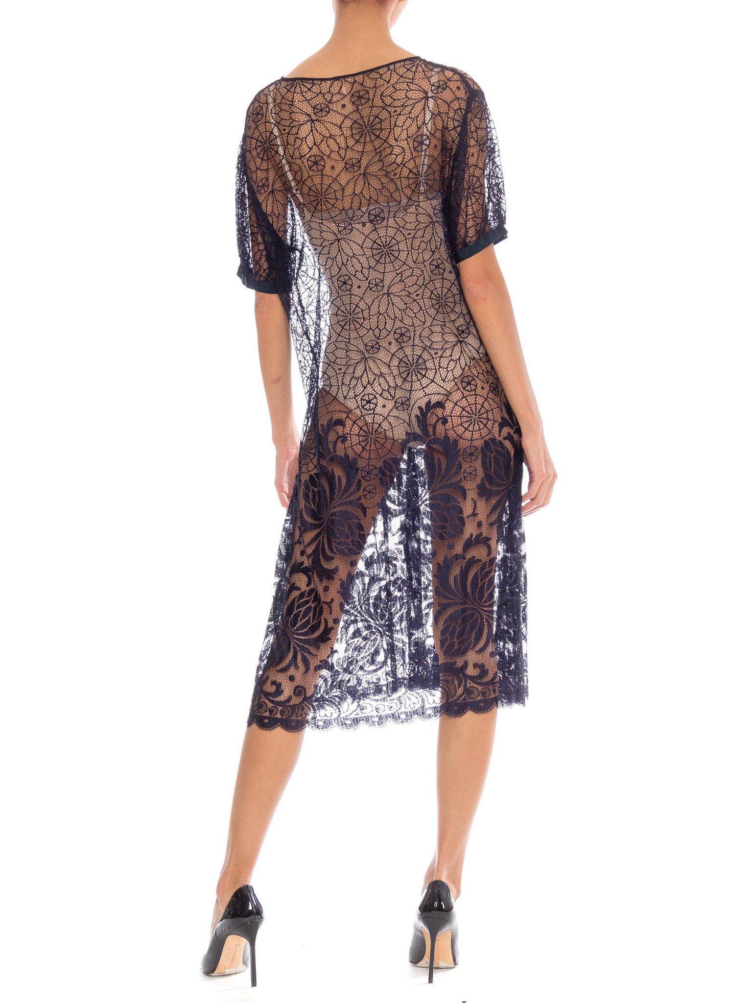 Gray 1920S Navy Blue Rayon & Silk Spider Web Lace Dress For Sale