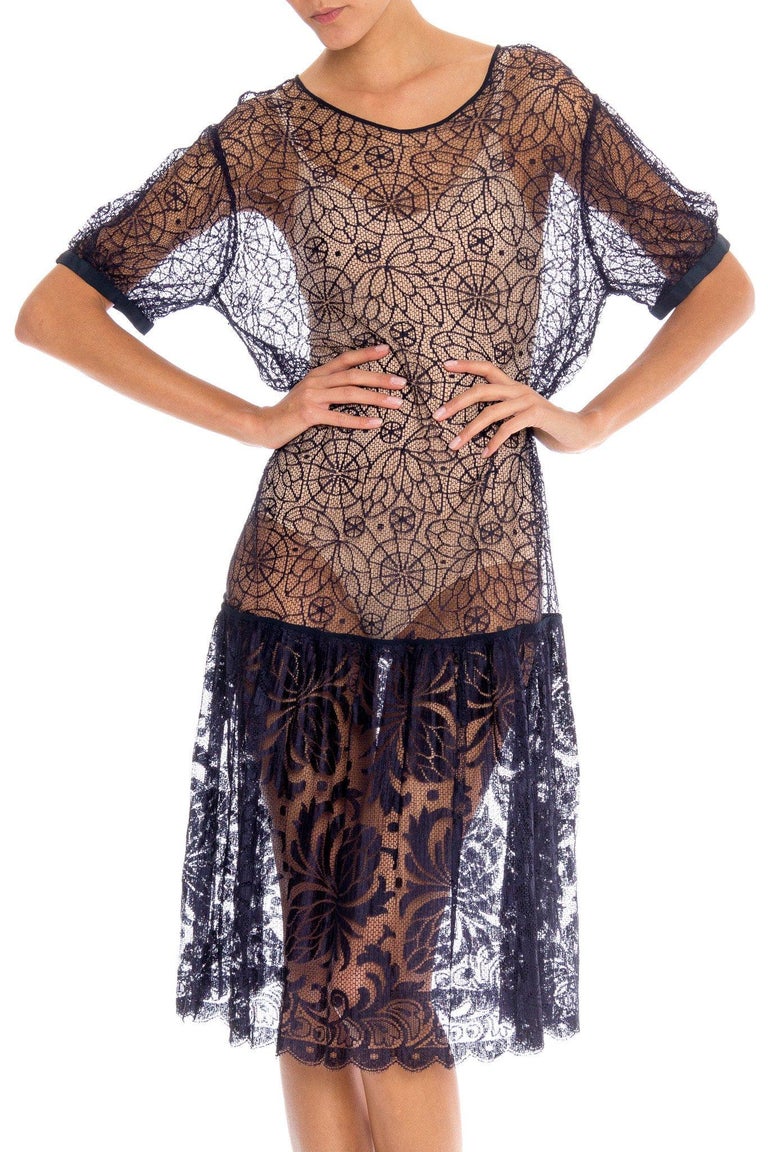1920S Navy Blue Rayon and Silk Spider  Lace Dress For Sale at 1stDibs