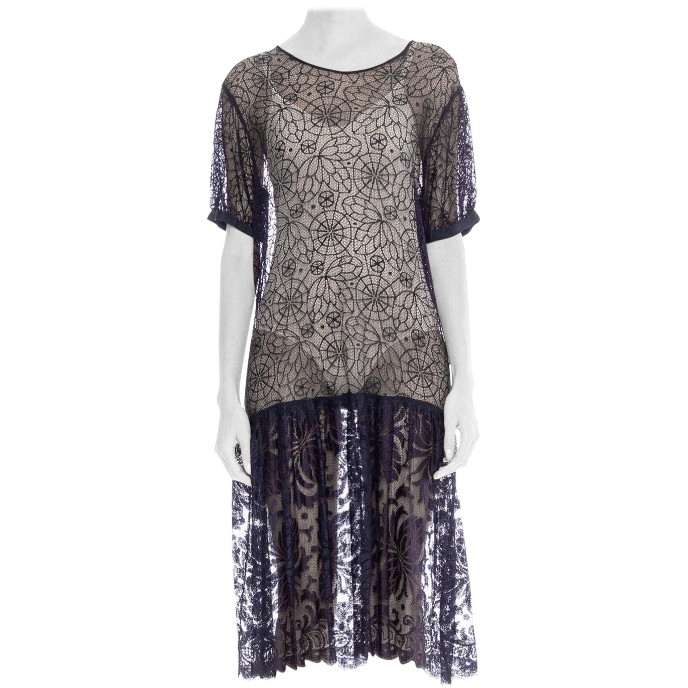 1920S Navy Blue Rayon & Silk Spider Web Lace Dress For Sale