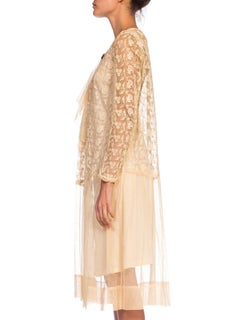 1920S  Beige Cotton Embroidered Tulle & Lace Flapper Era Tea Dress With Sleeves