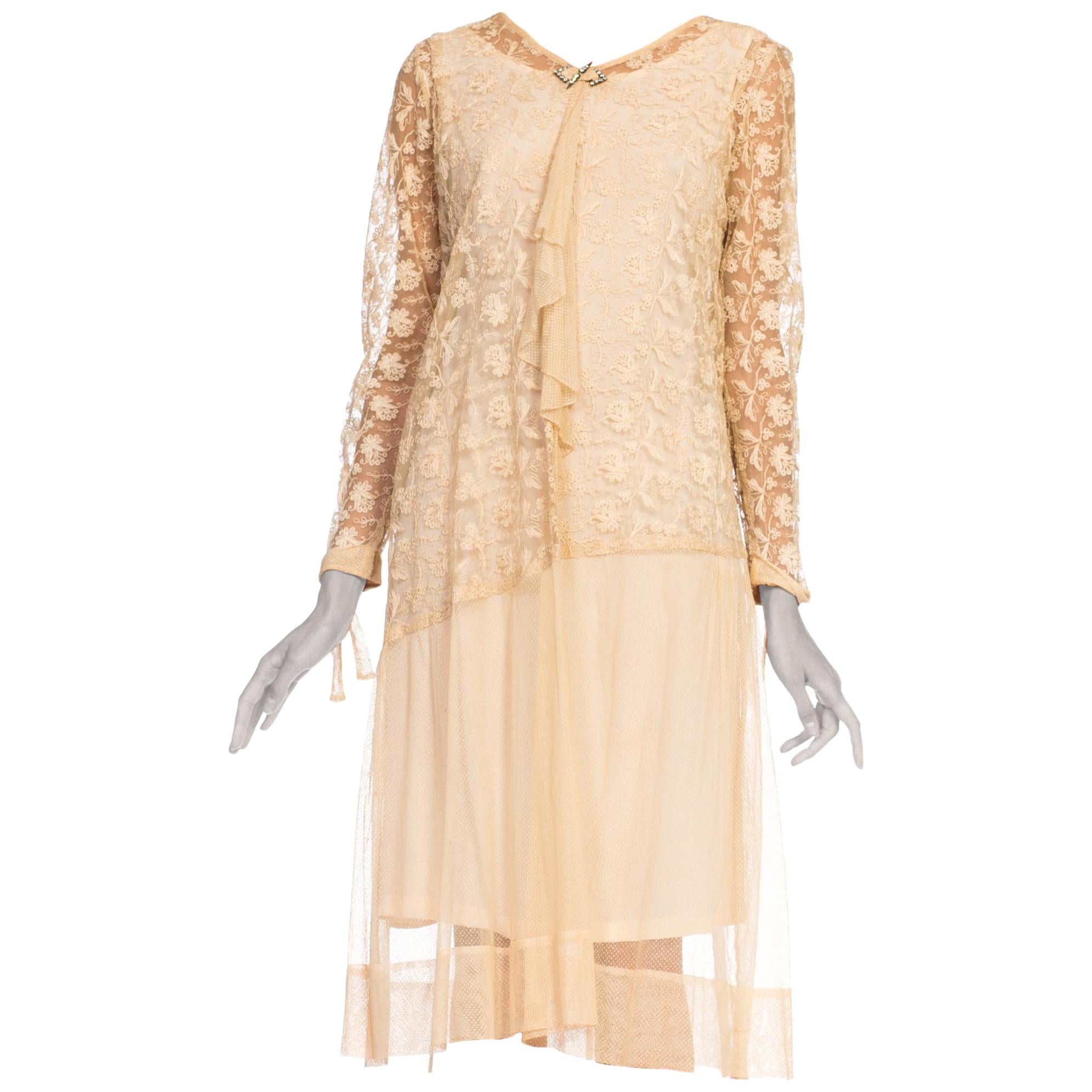 1920S  Beige Cotton Embroidered Tulle & Lace Flapper Era Tea Dress With Sleeves For Sale