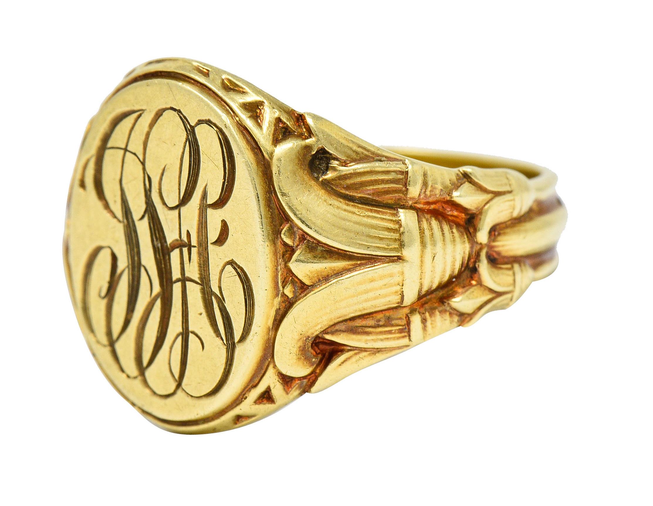 1920's Lambert Bros. Egyptian Revival 14 Karat Gold Lotus Monogram Signet Ring In Excellent Condition In Philadelphia, PA