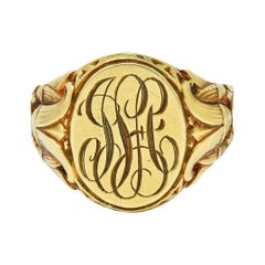1920's Lambert Bros. Egyptian Revival 14 Karat Gold Lotus Monogram Signet Ring