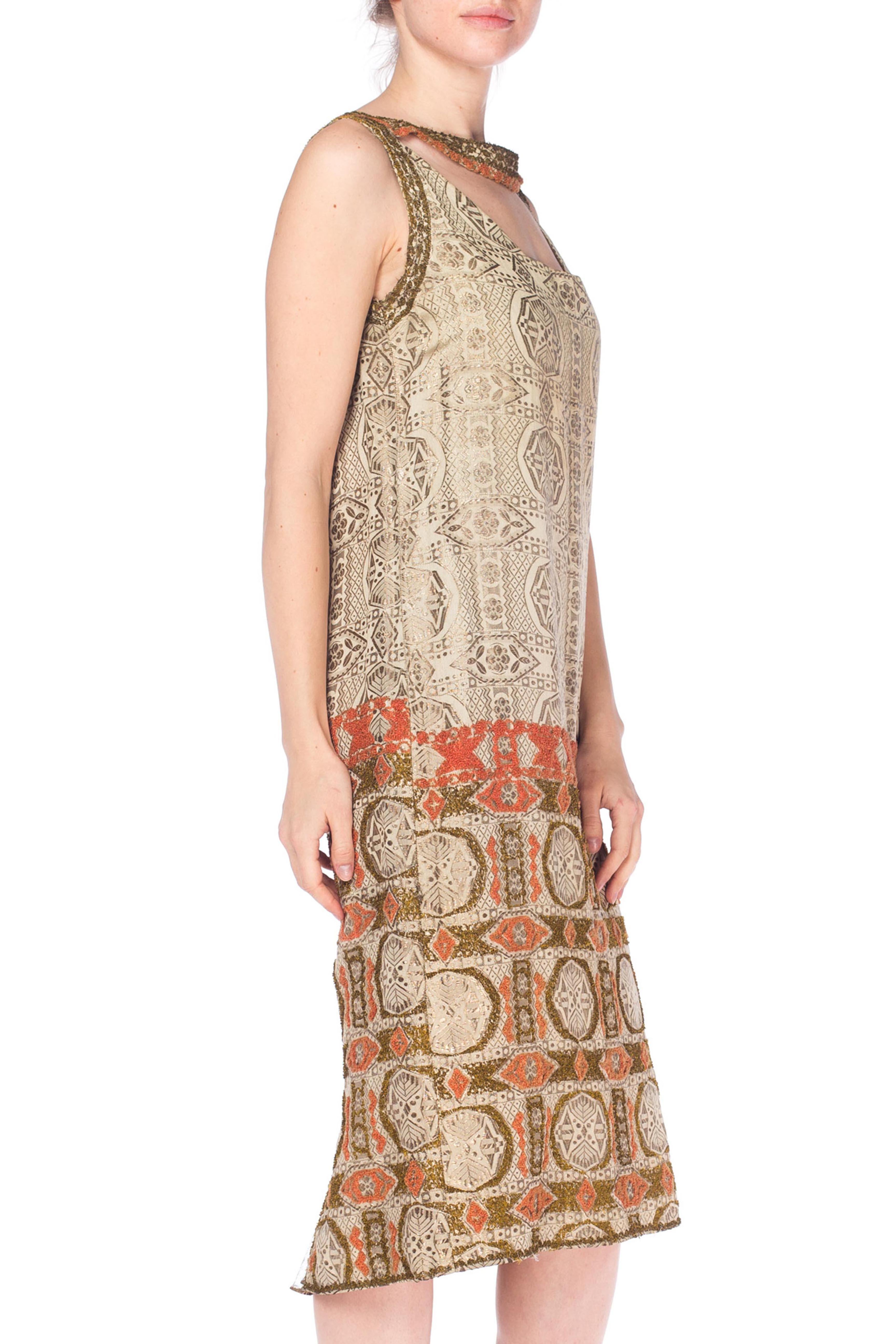 1920S Champagne Lamé Geometric Print  Dress With Coral & Gold French Knot Deco Pattern