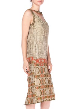 1920S Champagne Lamé Geometric Print  Dress With Coral & Gold French Knot Deco