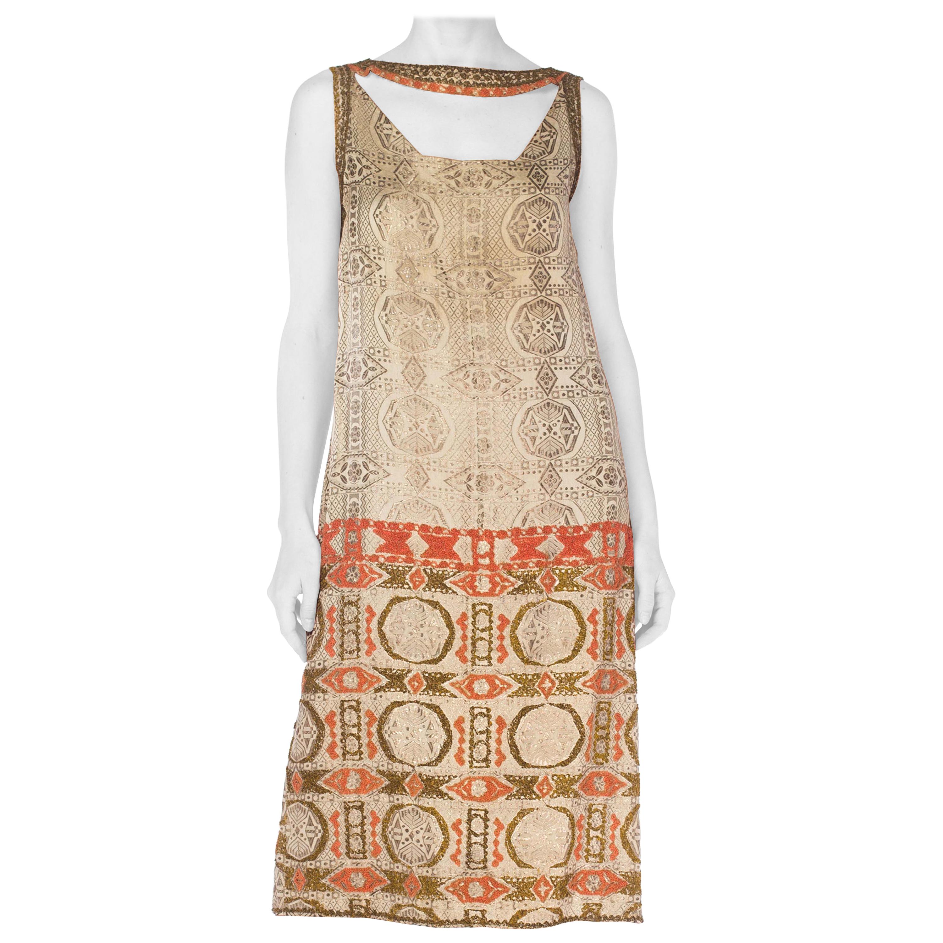 1920S Champagne Lamé Geometric Print  Dress With Coral & Gold French Knot Deco  For Sale