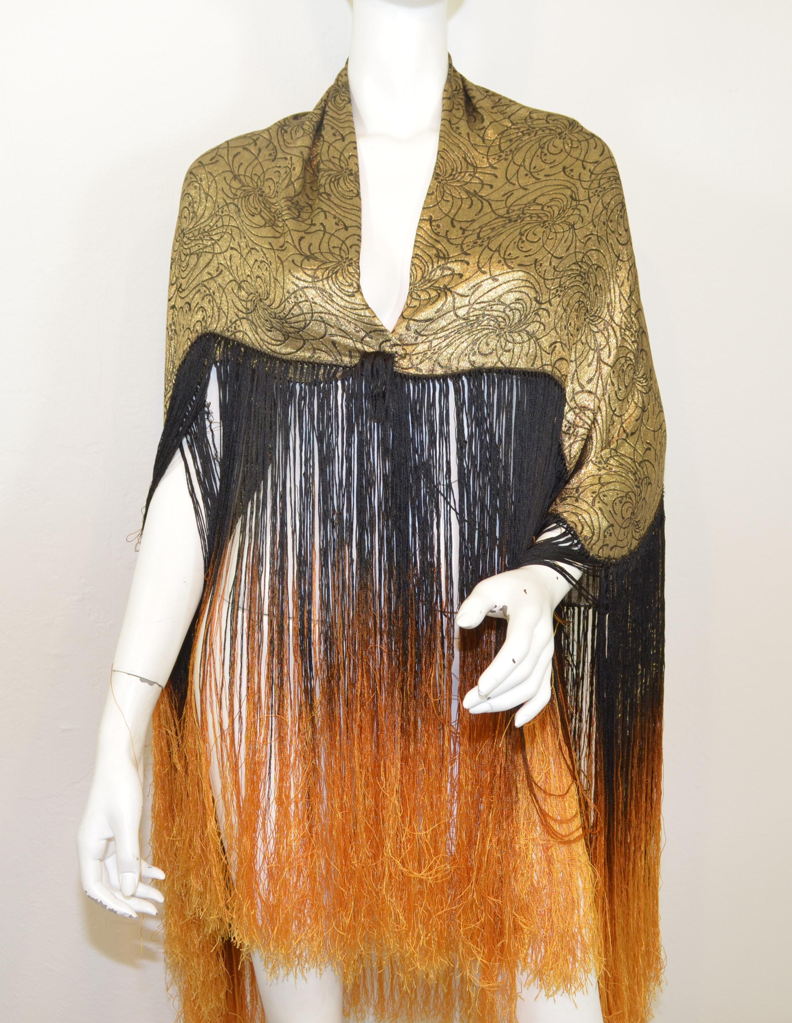 Brown 1920's Lame Shawl with Ombre Fringing