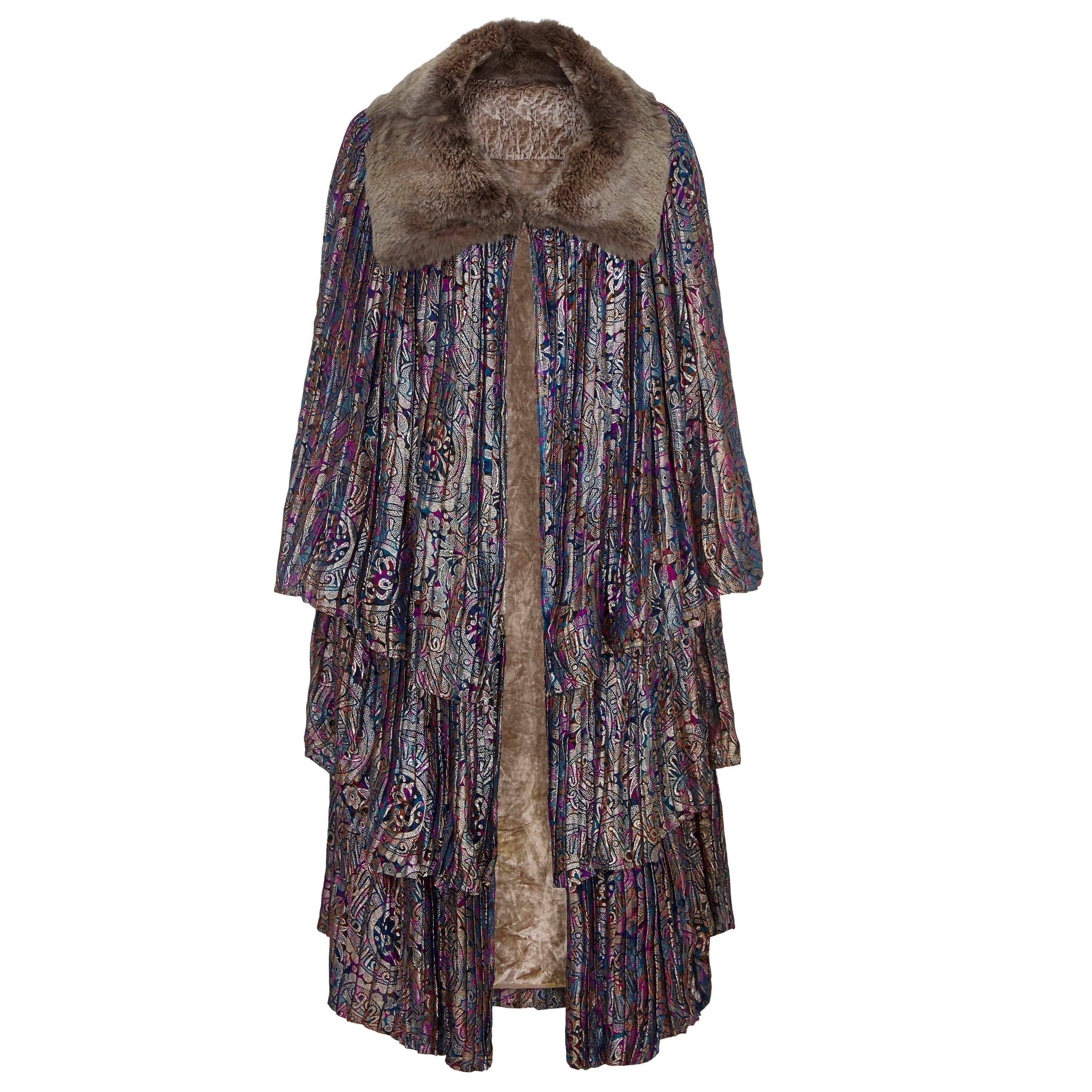1920s Lame Tiered Opera Cape with Fur Collar