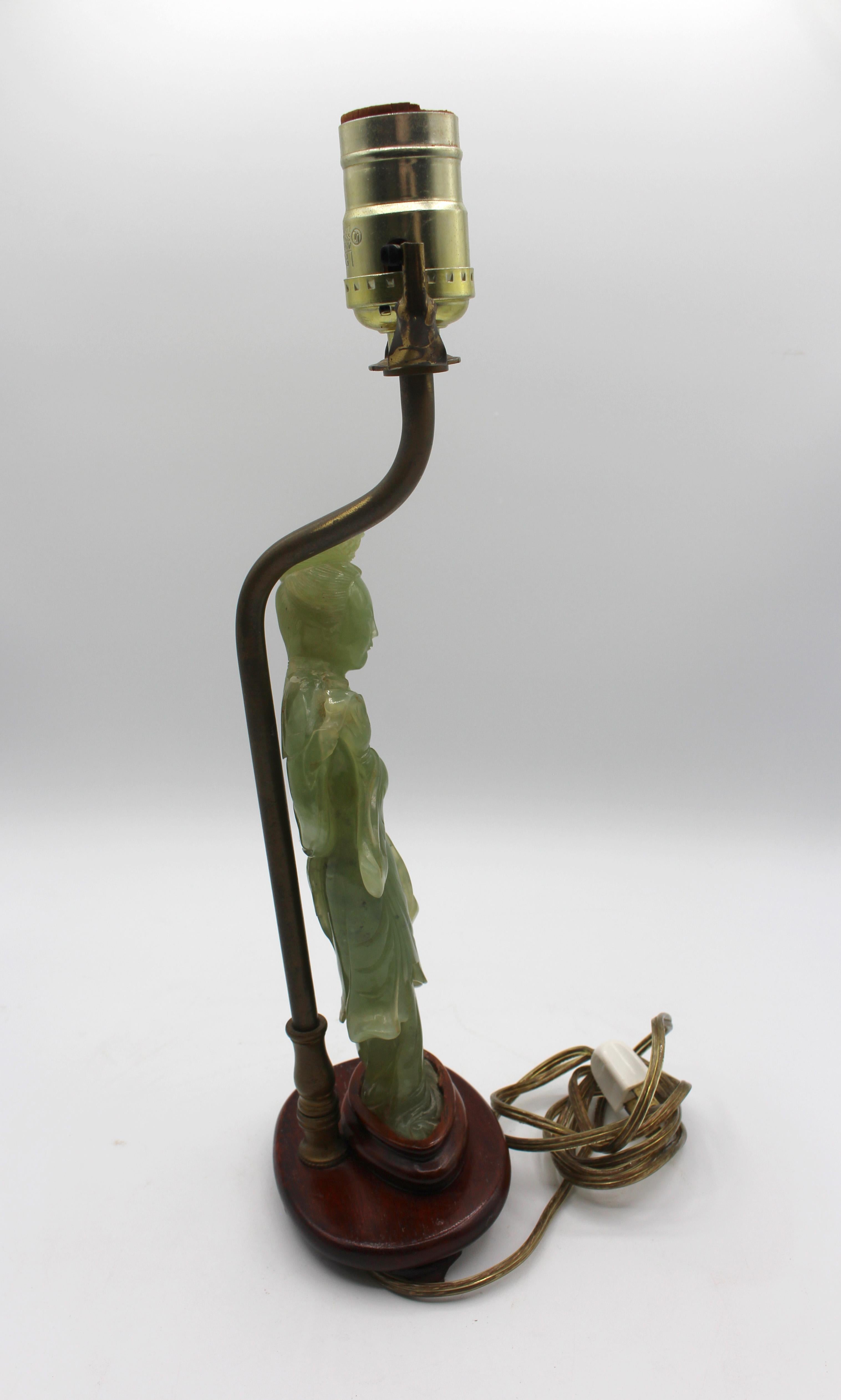 Chinese 1920s Lamp of Late 19th Century Celadon Quartz Guan Yin Figure For Sale