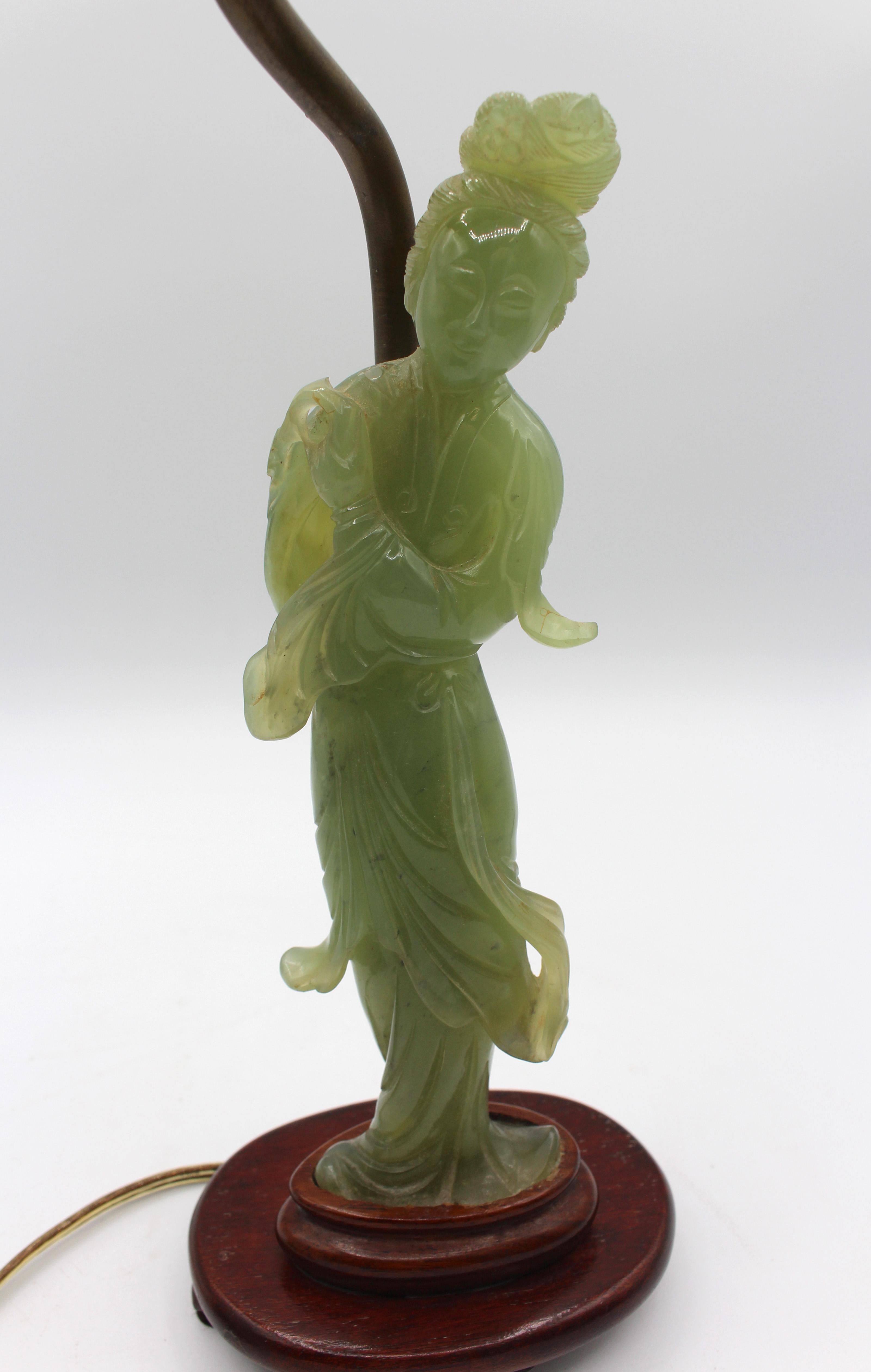 1920s Lamp of Late 19th Century Celadon Quartz Guan Yin Figure In Good Condition For Sale In Chapel Hill, NC