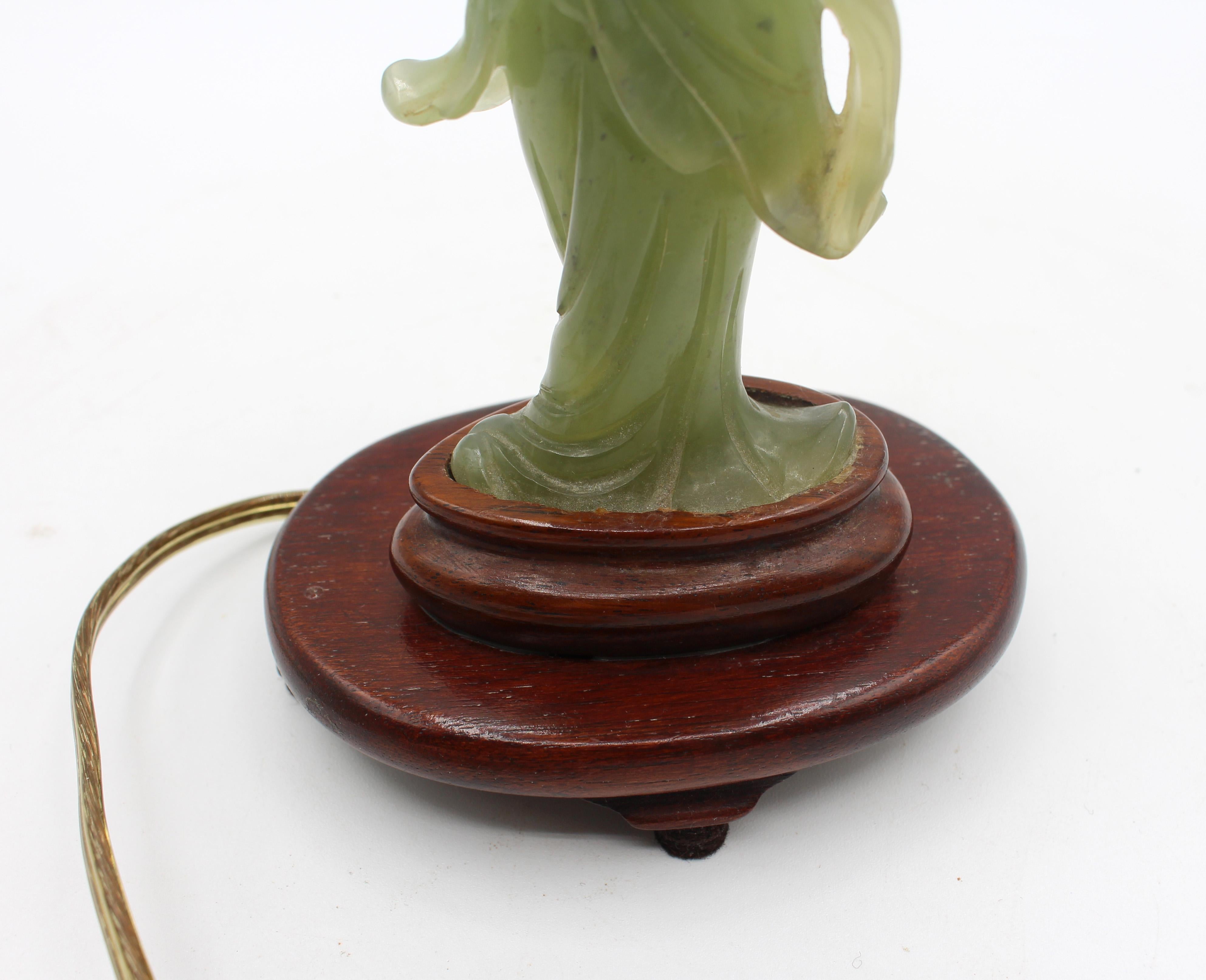 1920s Lamp of Late 19th Century Celadon Quartz Guan Yin Figure For Sale 1