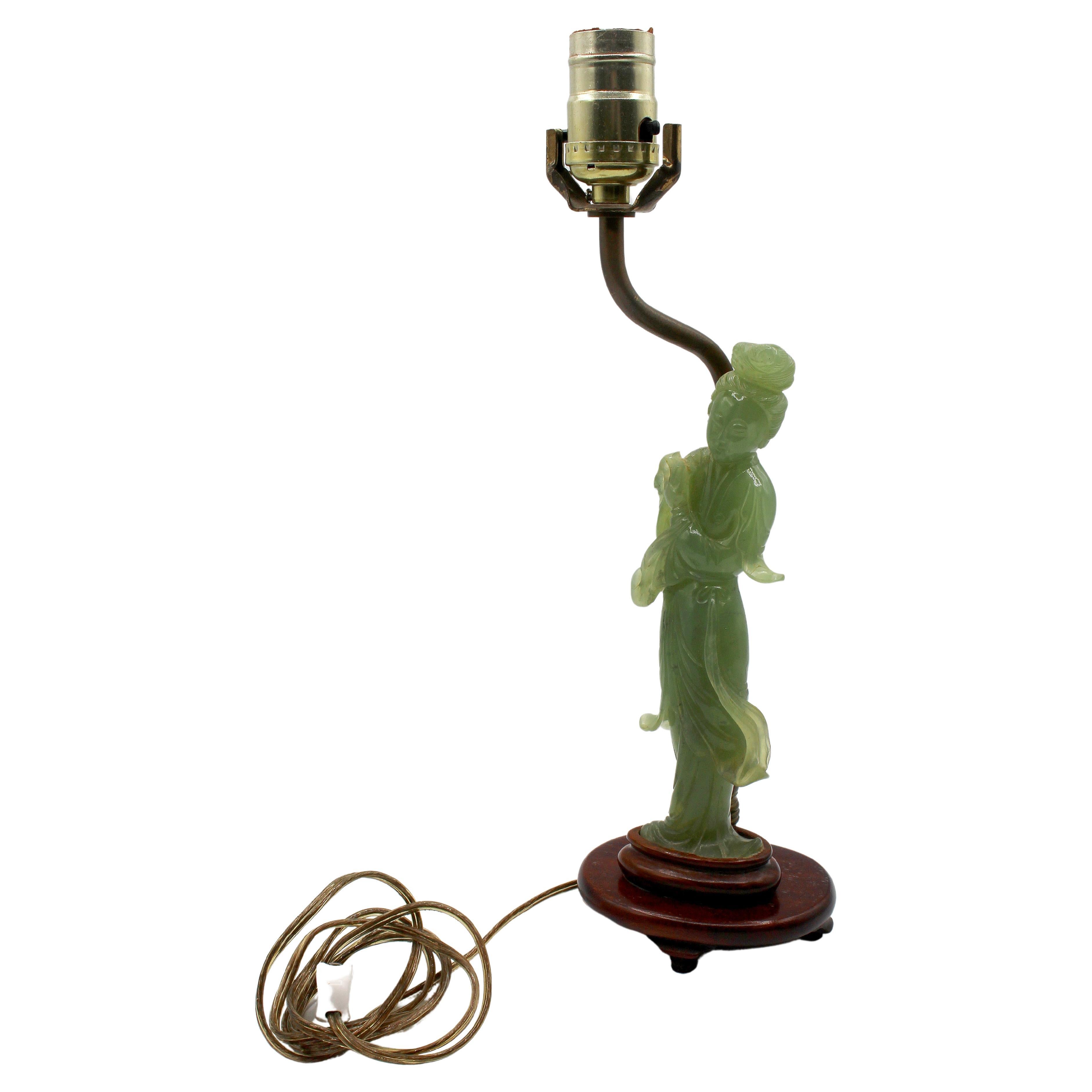 1920s Lamp of Late 19th Century Celadon Quartz Guan Yin Figure For Sale