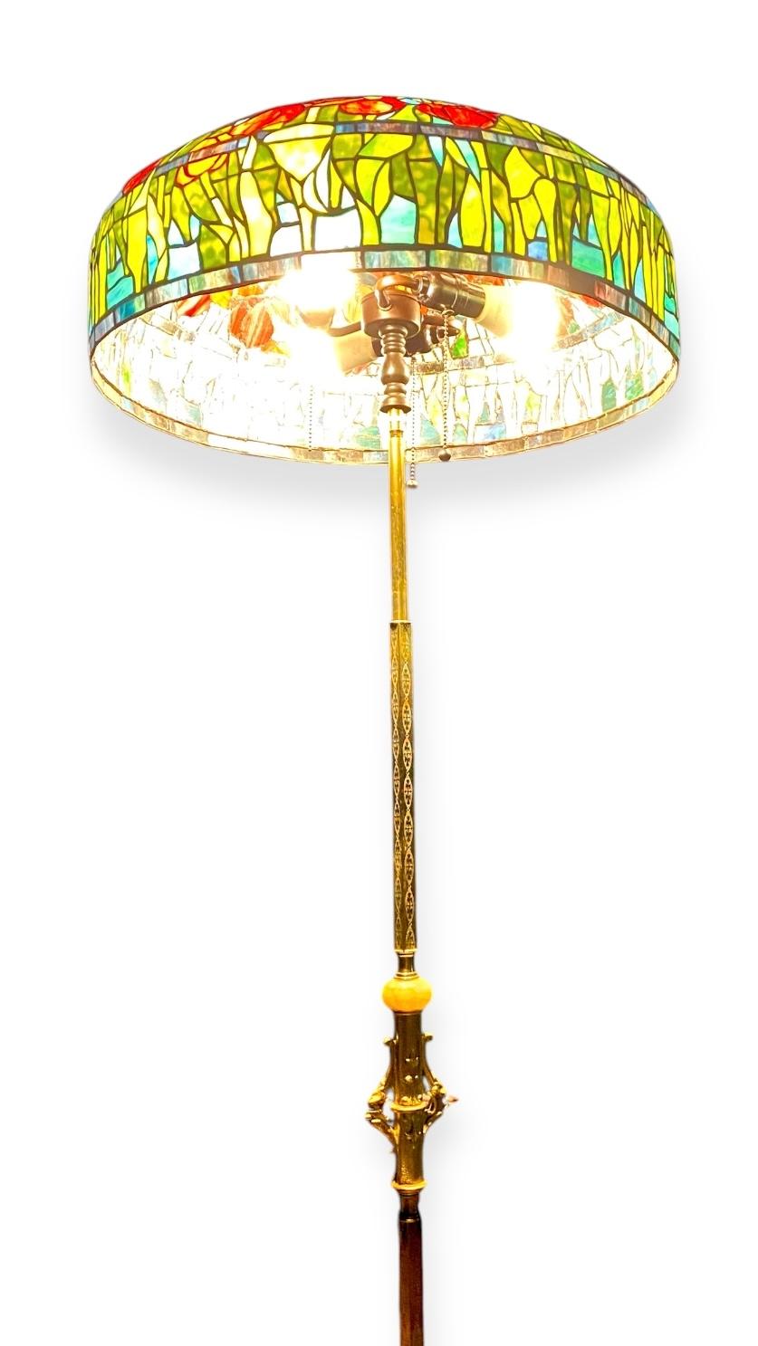 Metalwork 1920’s Lamp Standard With Tiffany Style Tulips Shade