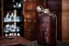 1920's Large Alligator Hip Flask With Silver Plated Top