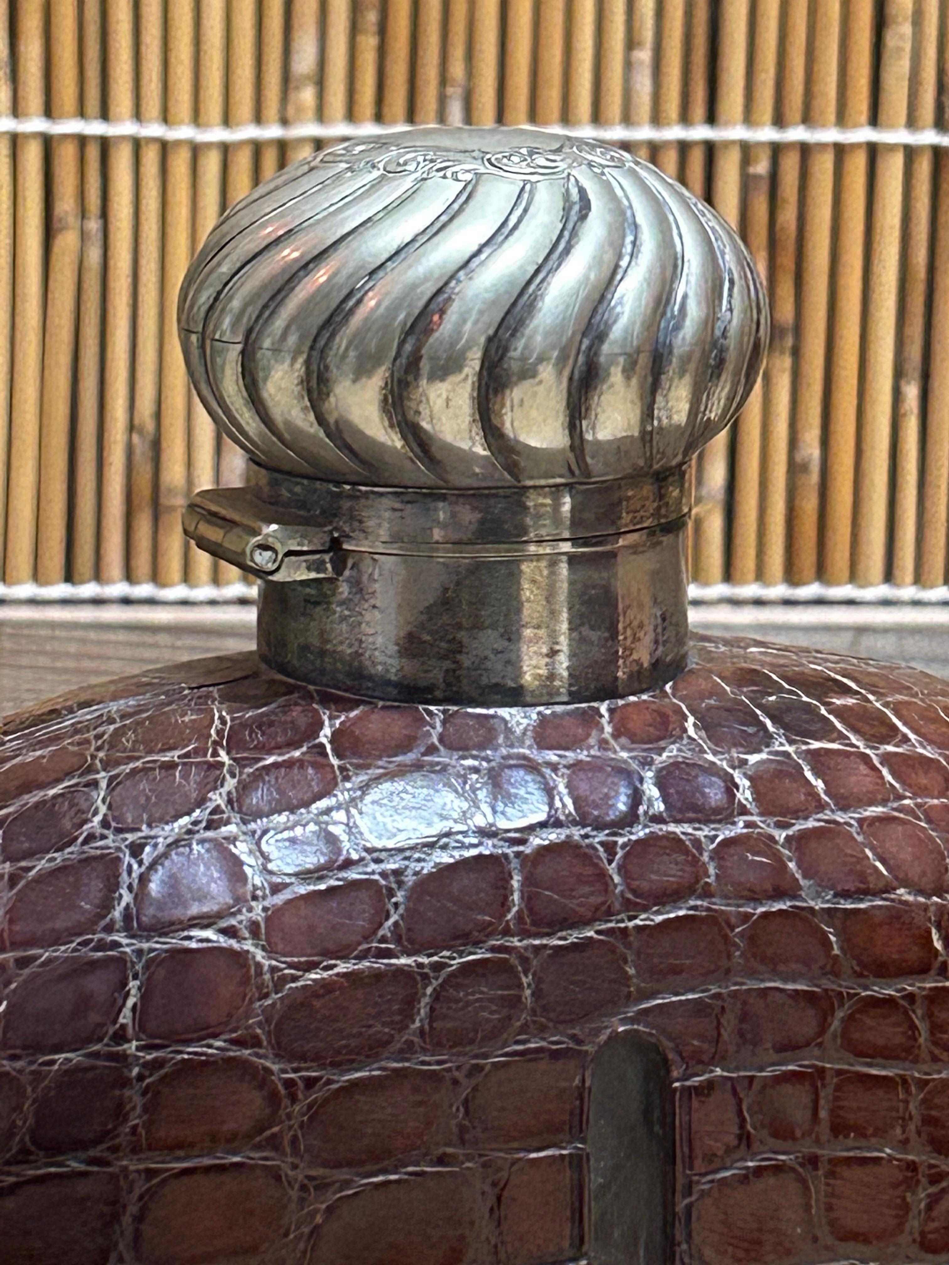 Glass 1920's Large Alligator Hip Flask With Silver Plated Top For Sale