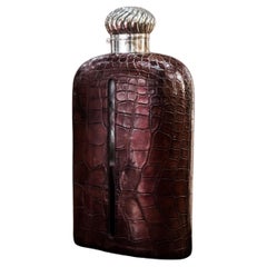 Antique 1920's Large Alligator Hip Flask With Silver Plated Top