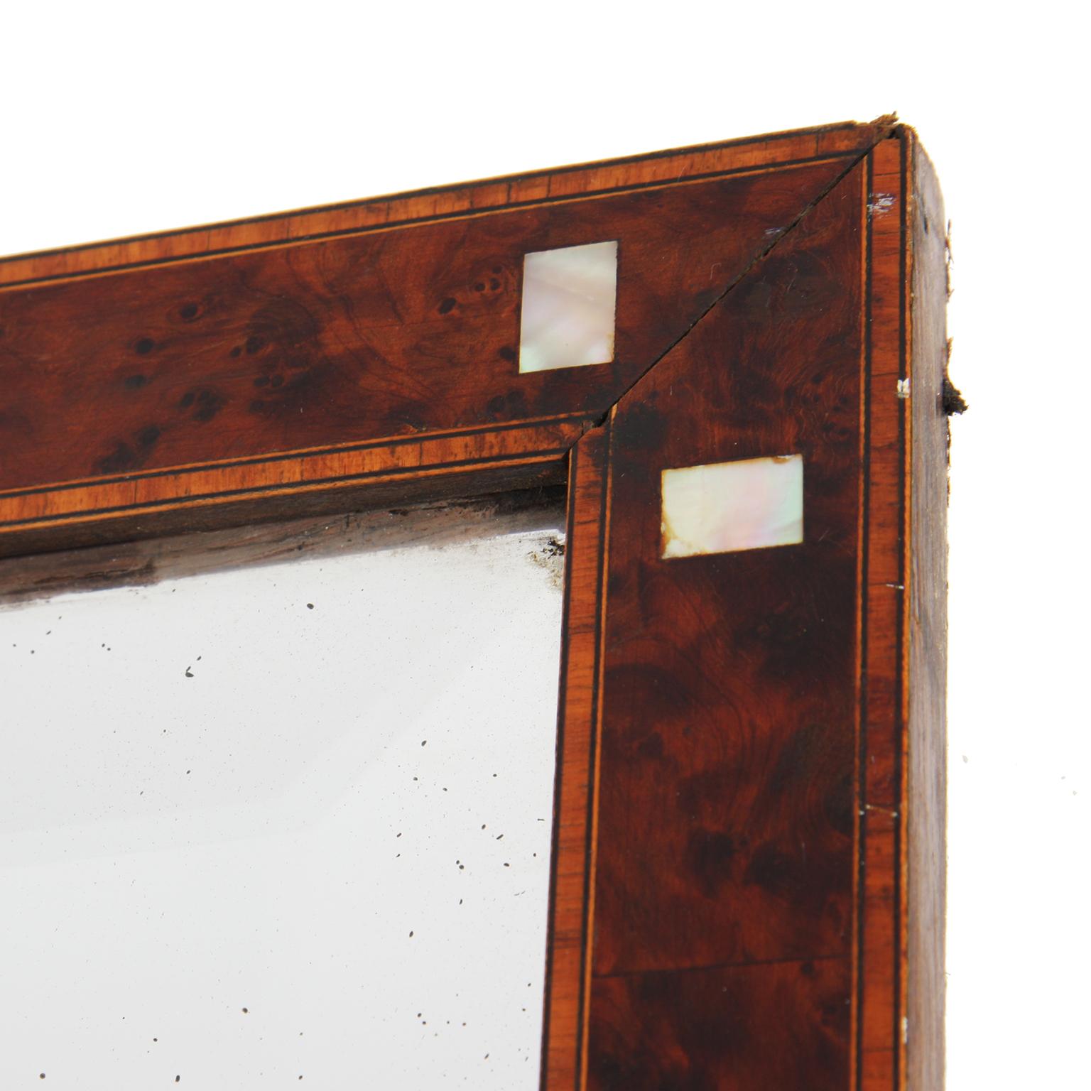 1920s Large Burr Walnut Wall Mirror with Mother of Pearl and Mercury Glass In Good Condition In London, GB