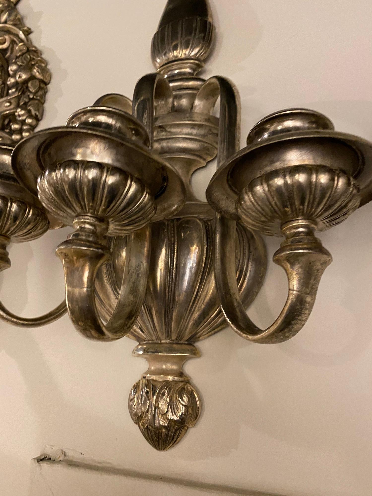 American Classical 1920s Large Caldwell Silver Plated Sconces with thee lights For Sale