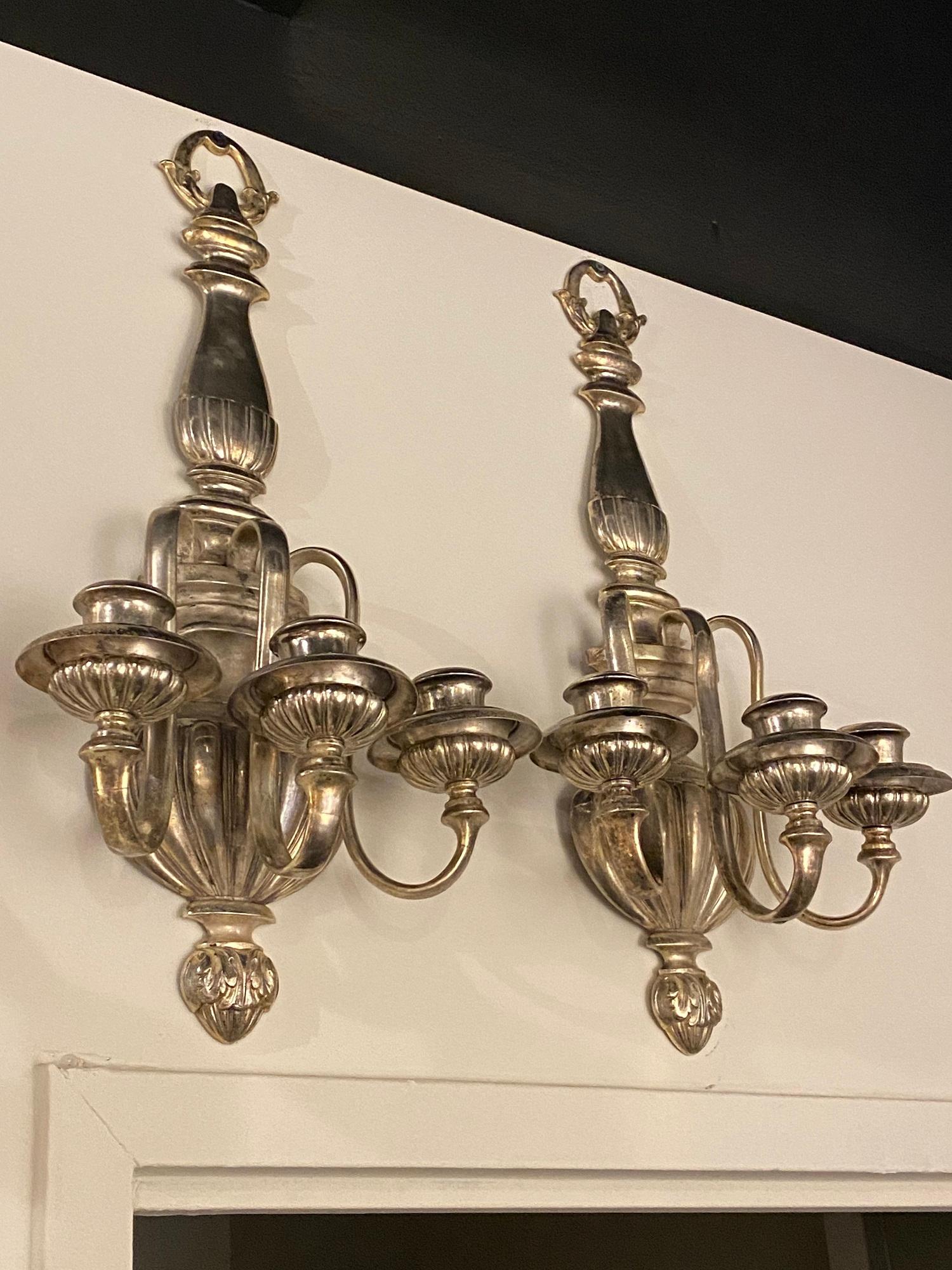 Américain 1920s Large Caldwell Silver Plated Sconces with thee lights en vente
