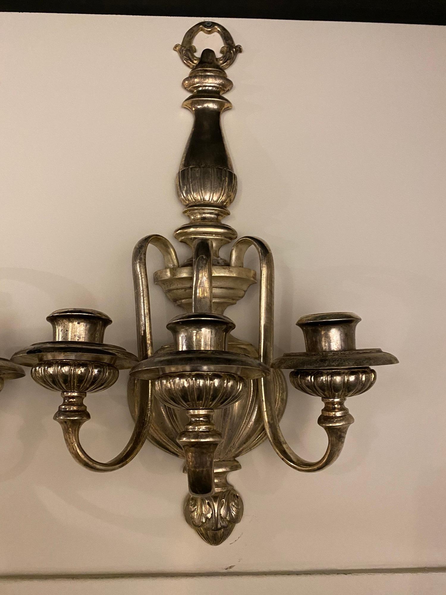 1920s Large Caldwell Silver Plated Sconces with thee lights In Good Condition For Sale In New York, NY