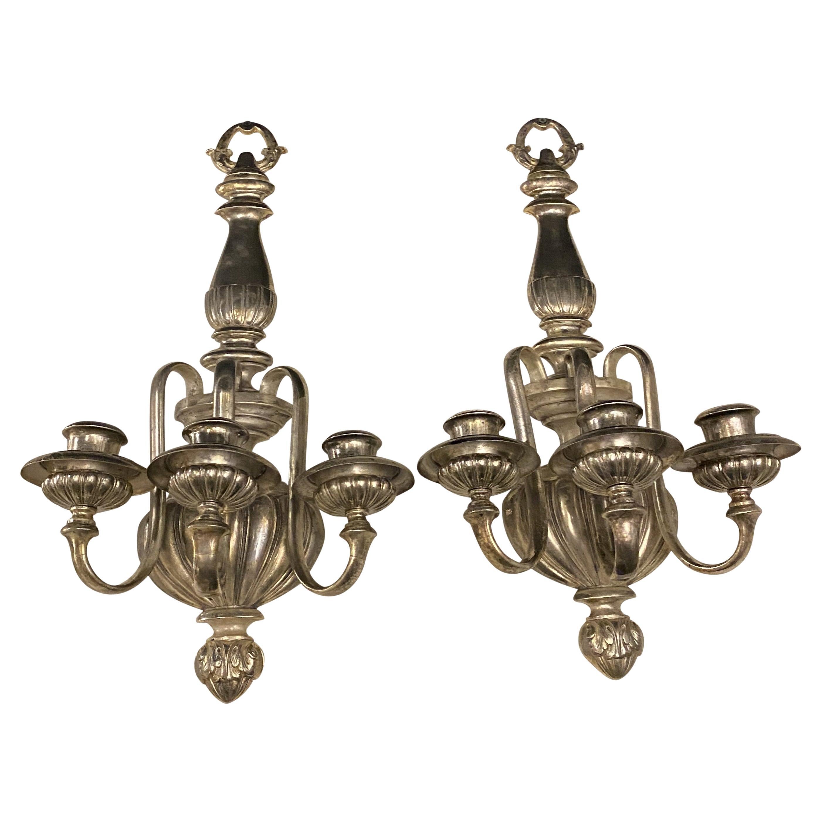 1920s Large Caldwell Silver Plated Sconces with thee lights