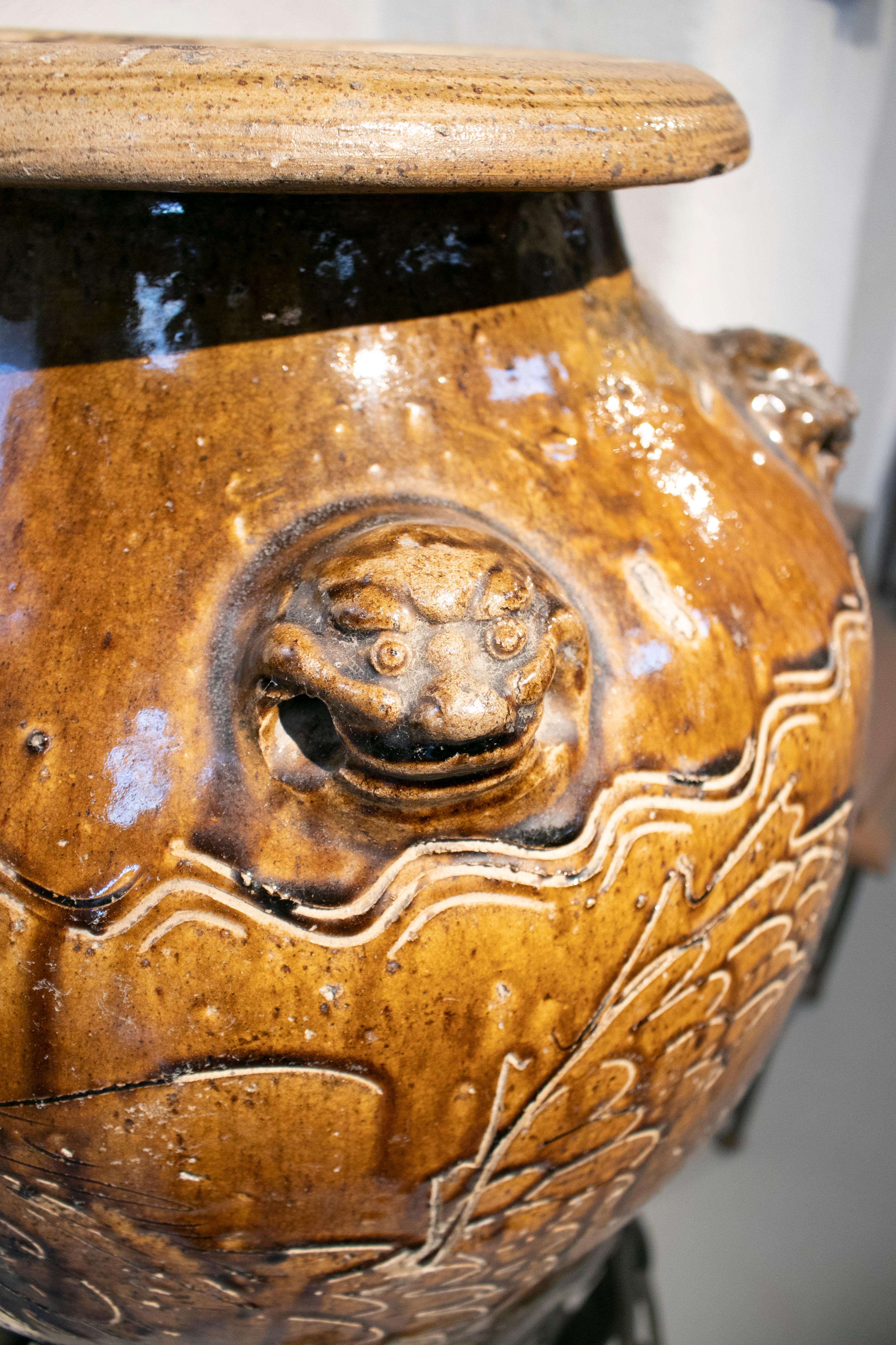 1920s Large Chinese Glazed Ceramic Vase with Wrought Iron Base Stand 6