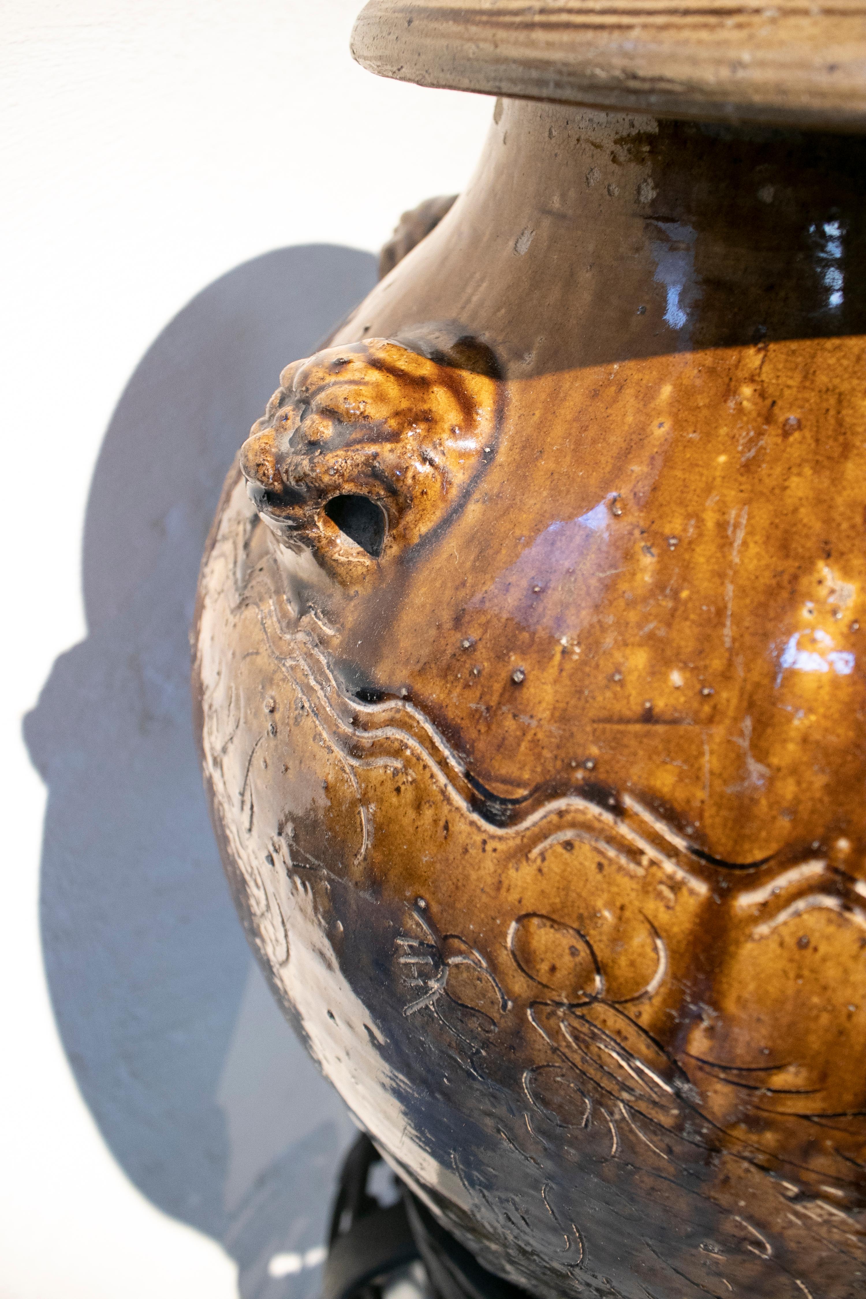 1920s Large Chinese Glazed Ceramic Vase with Wrought Iron Base Stand 7