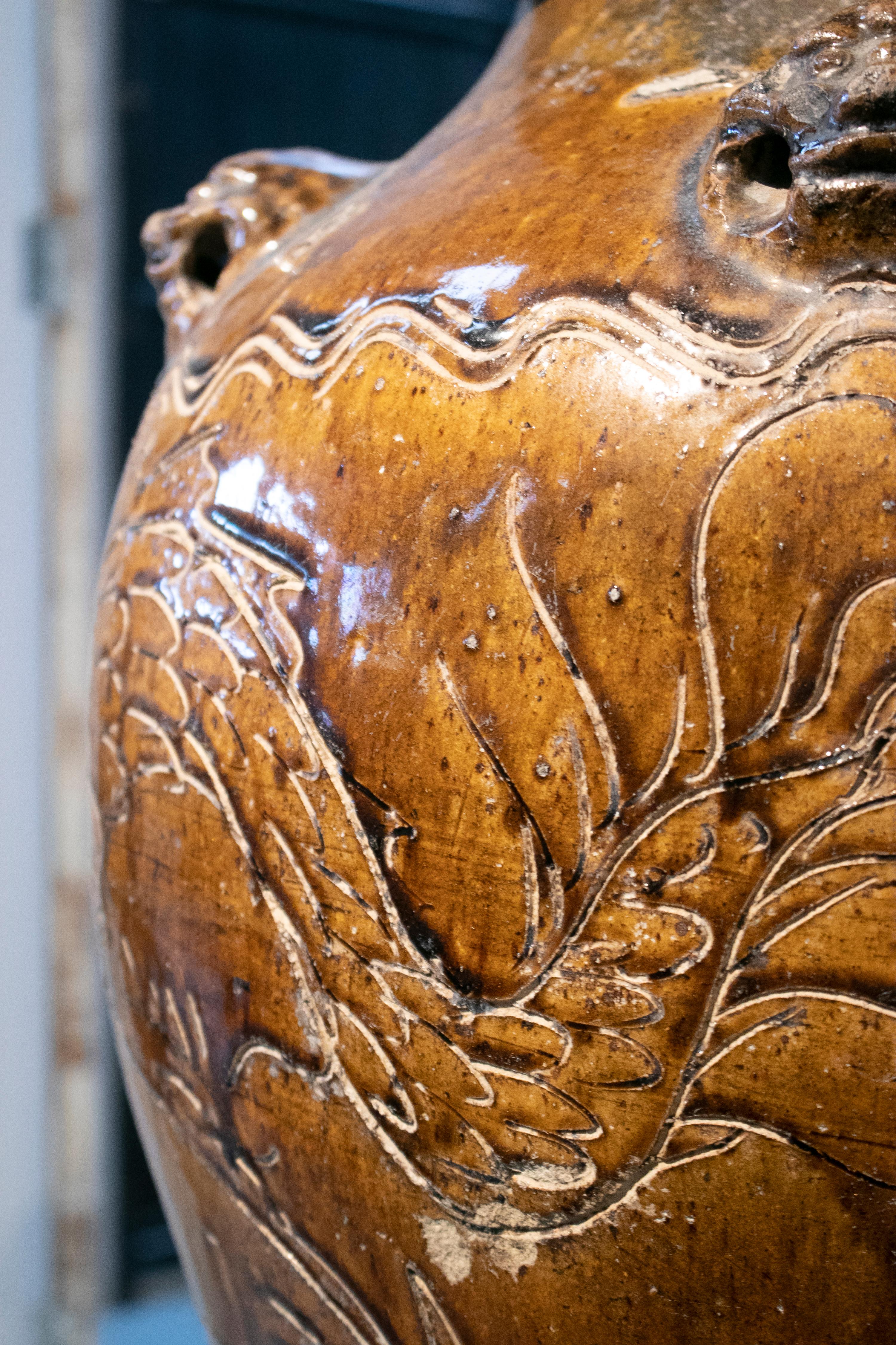1920s Large Chinese Glazed Ceramic Vase with Wrought Iron Base Stand 11