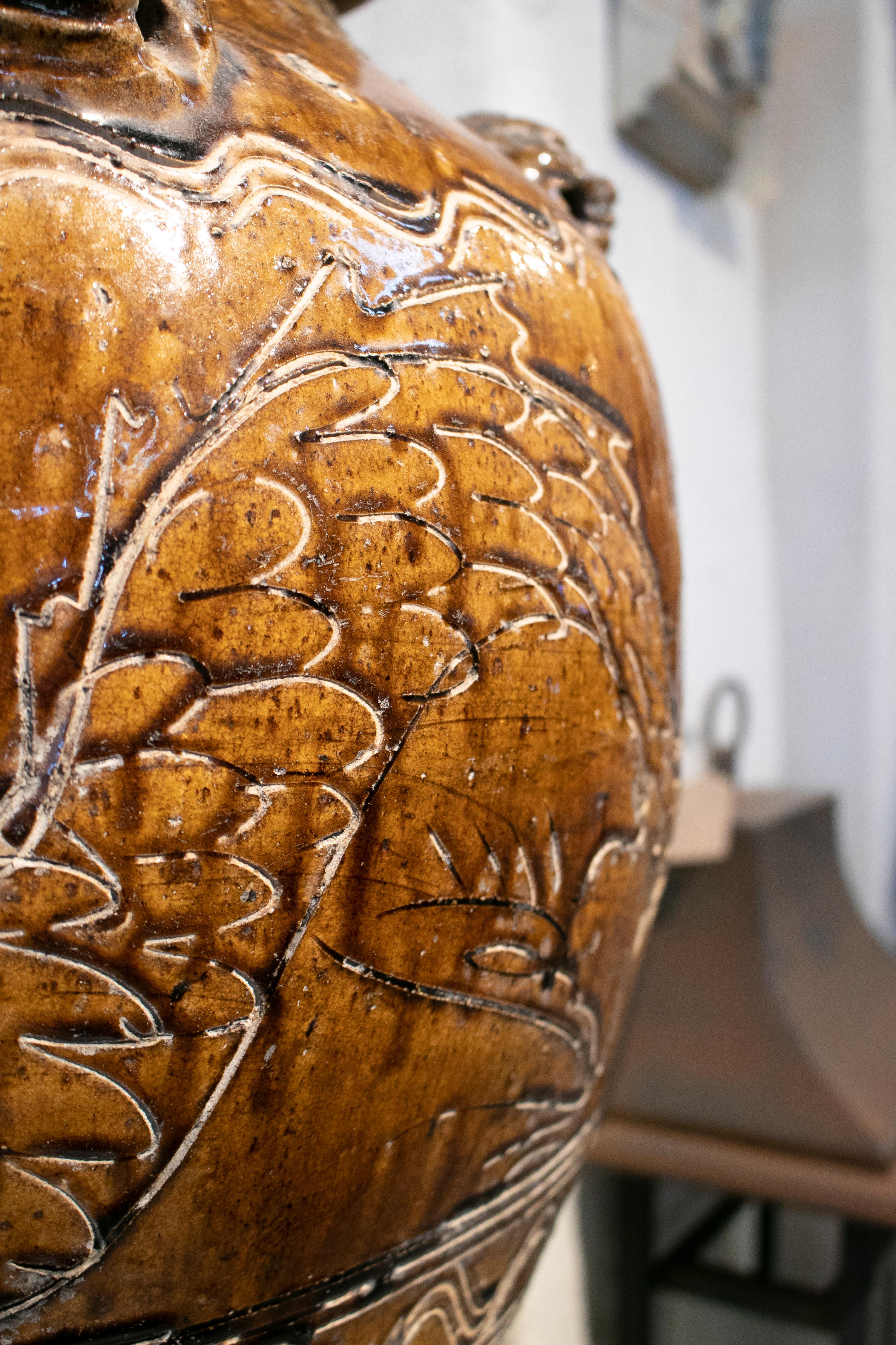 1920s Large Chinese Glazed Ceramic Vase with Wrought Iron Base Stand 13