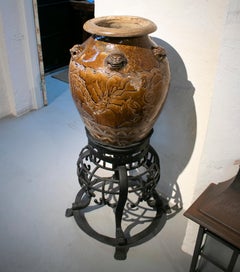 1920s Large Chinese Glazed Ceramic Vase with Wrought Iron Base Stand