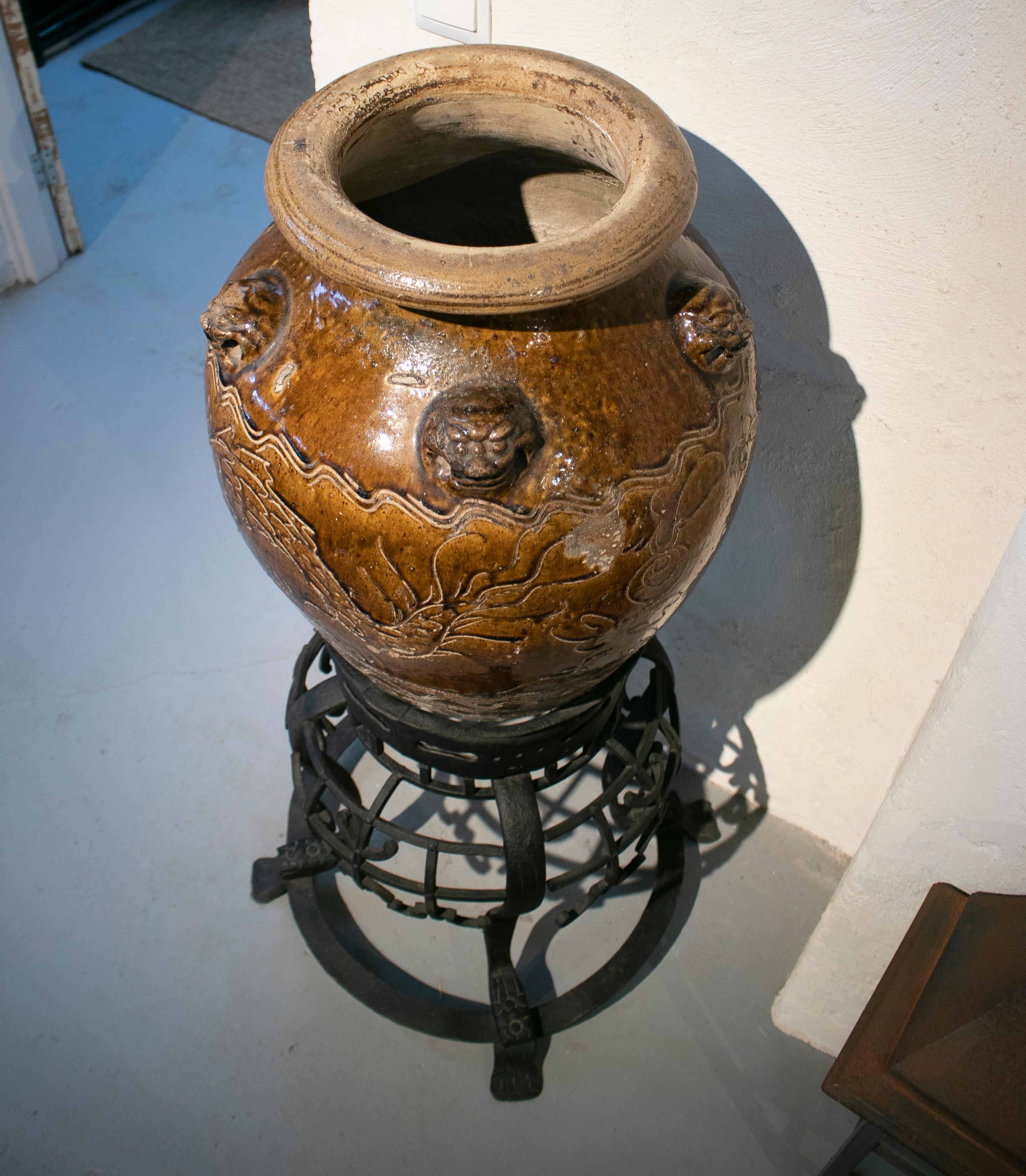 20th Century 1920s Large Chinese Glazed Ceramic Vase with Wrought Iron Base Stand