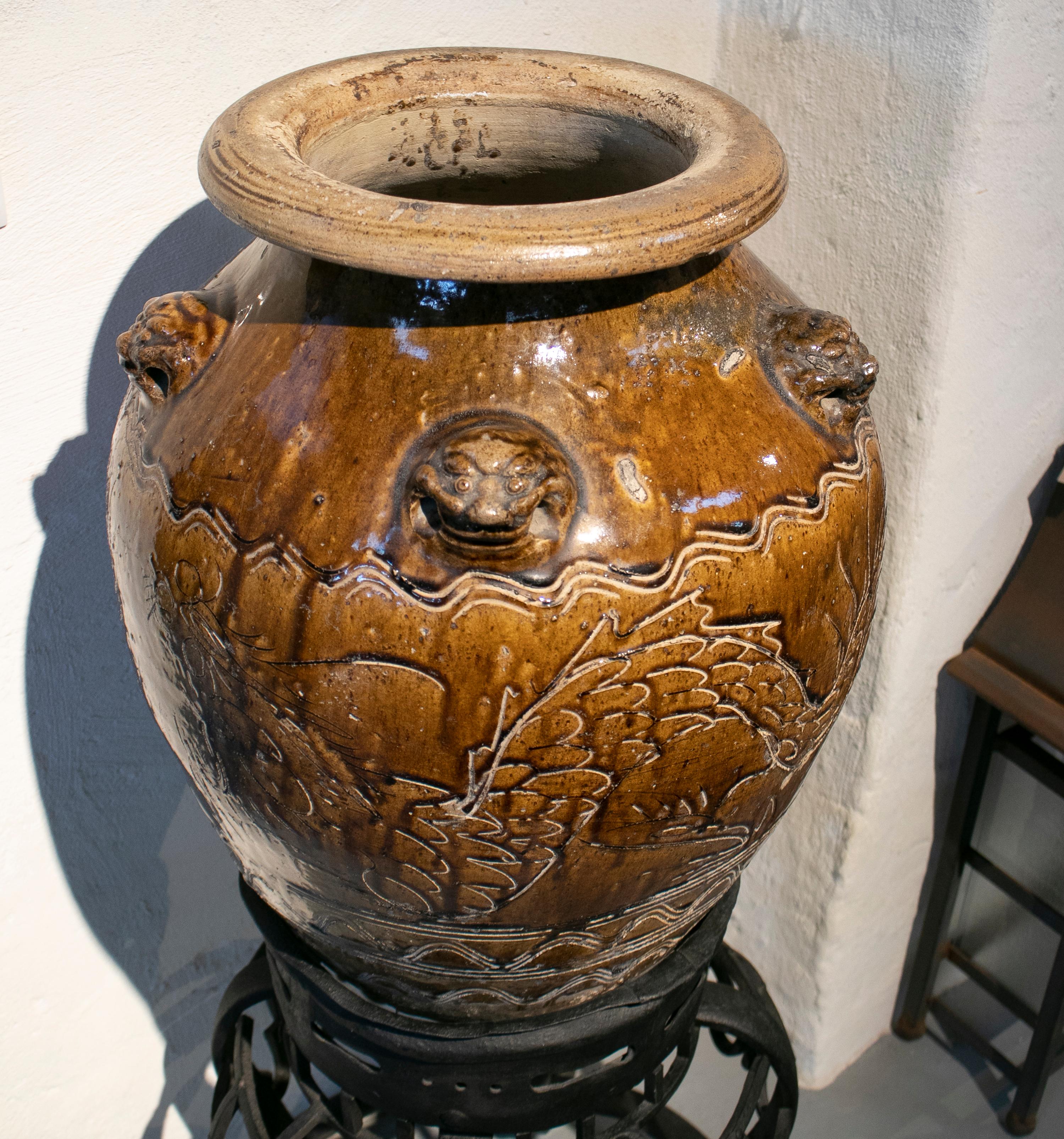 1920s Large Chinese Glazed Ceramic Vase with Wrought Iron Base Stand 2
