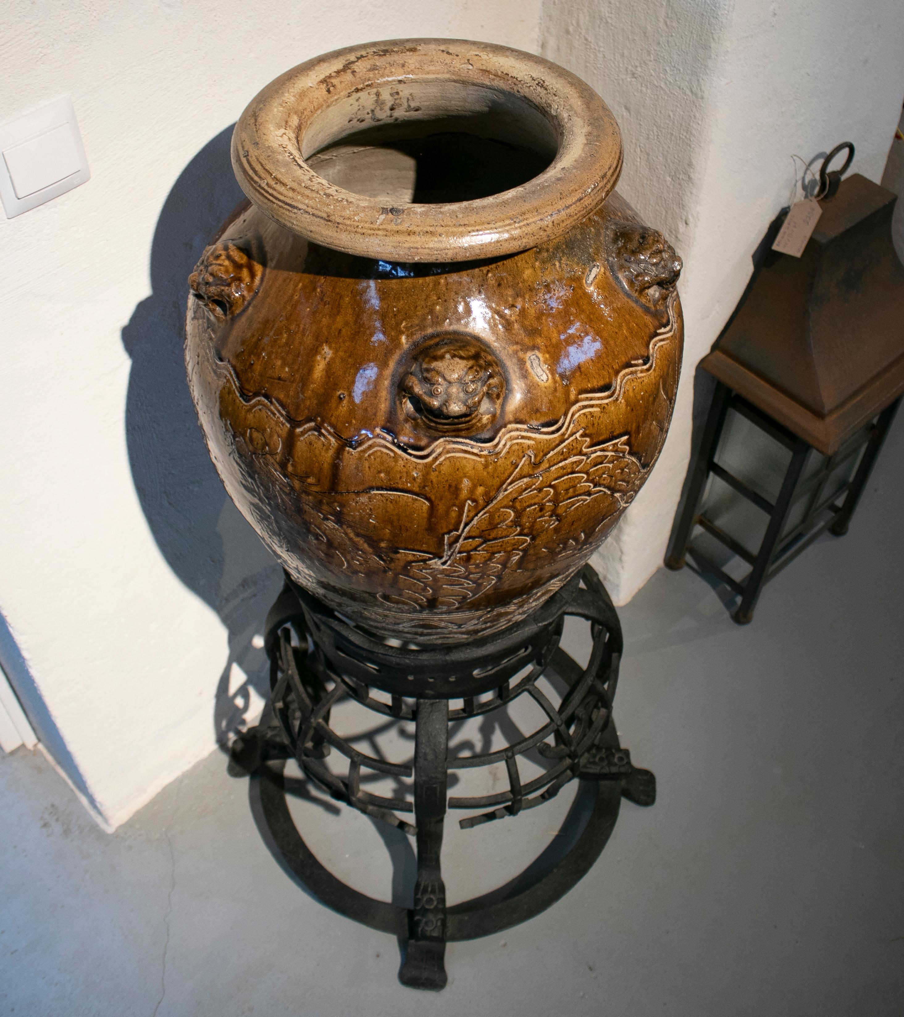 1920s Large Chinese Glazed Ceramic Vase with Wrought Iron Base Stand 3