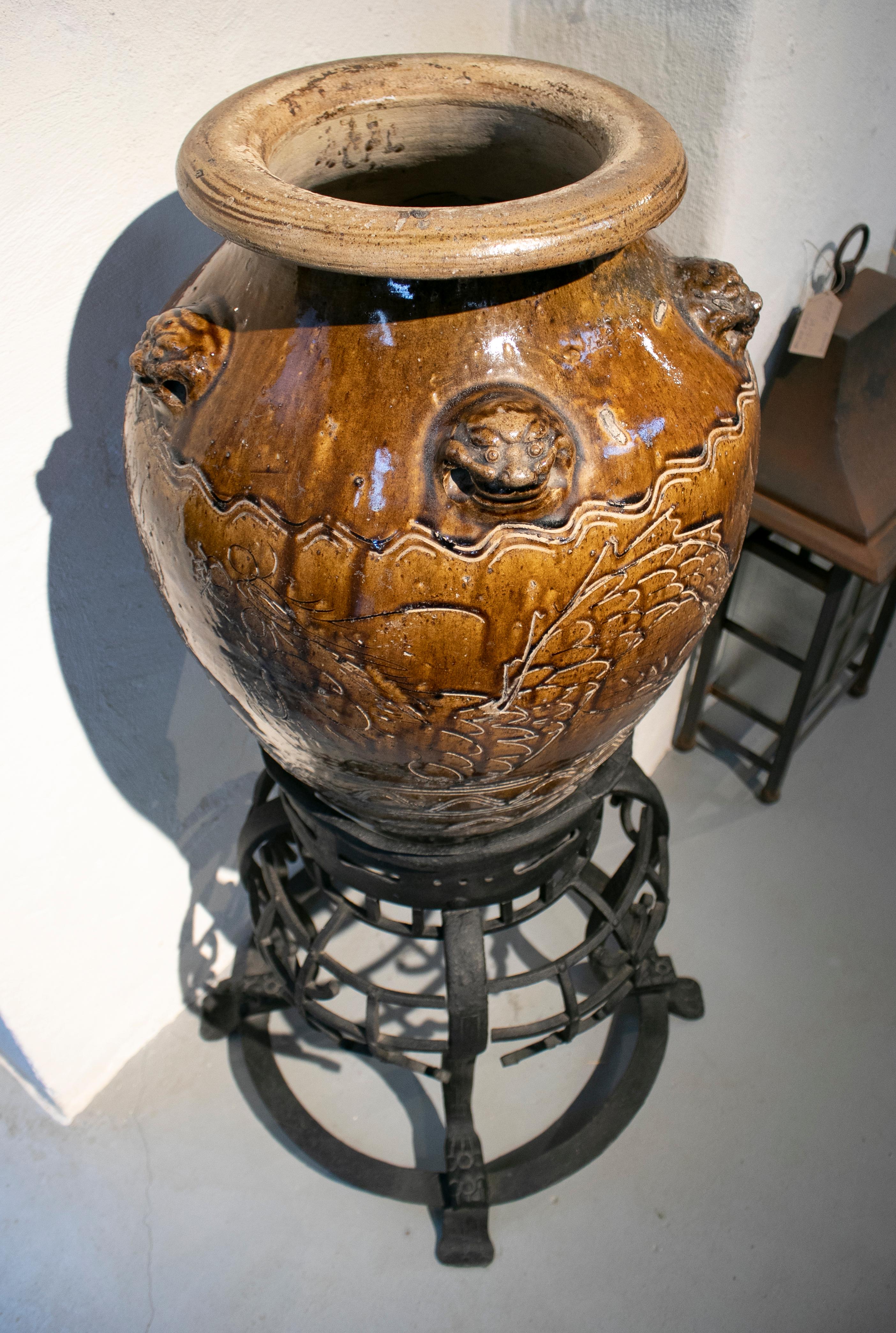 1920s Large Chinese Glazed Ceramic Vase with Wrought Iron Base Stand 4