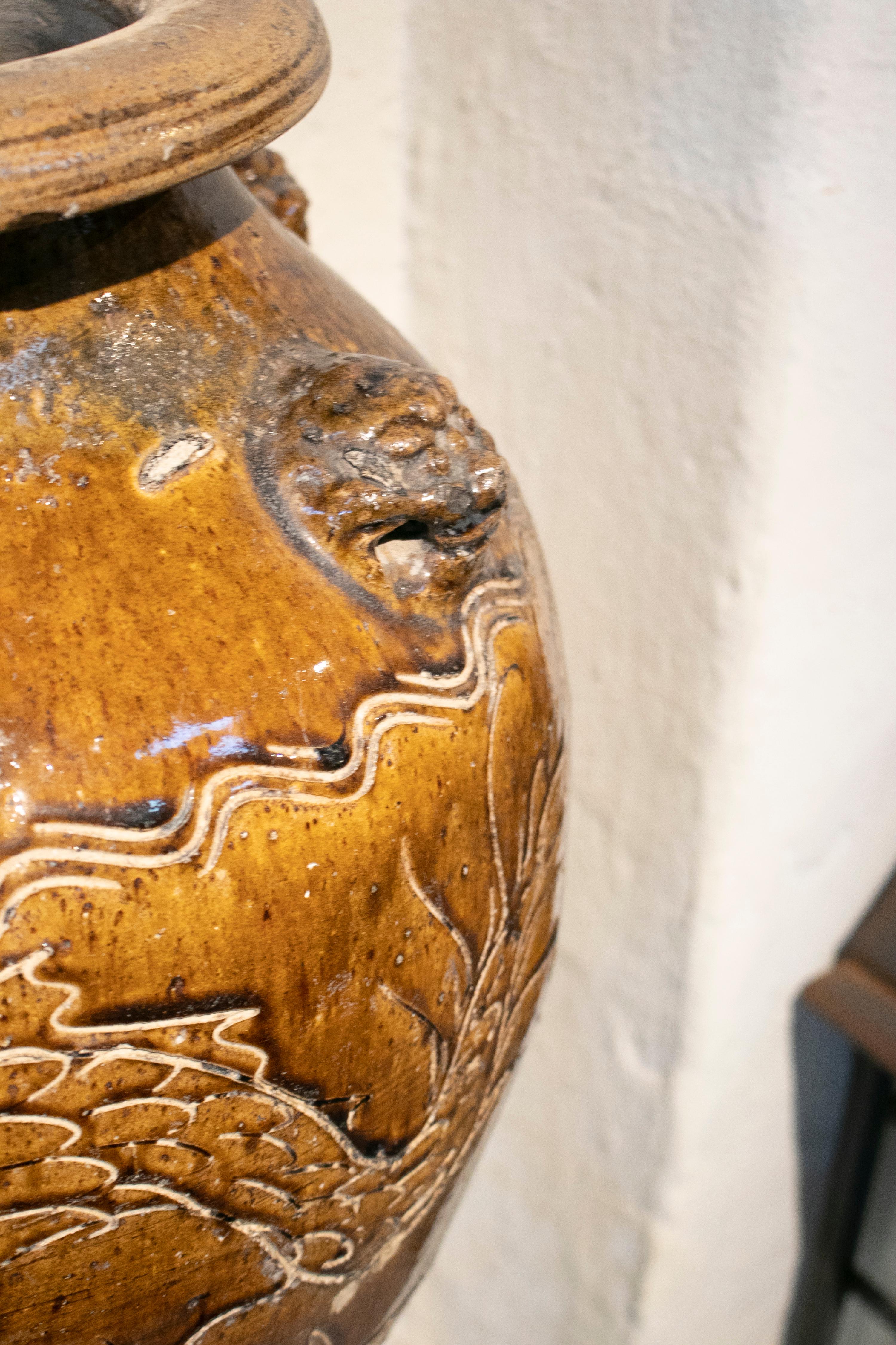 1920s Large Chinese Glazed Ceramic Vase with Wrought Iron Base Stand 5