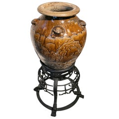 1920s Large Chinese Glazed Ceramic Vase with Wrought Iron Base Stand