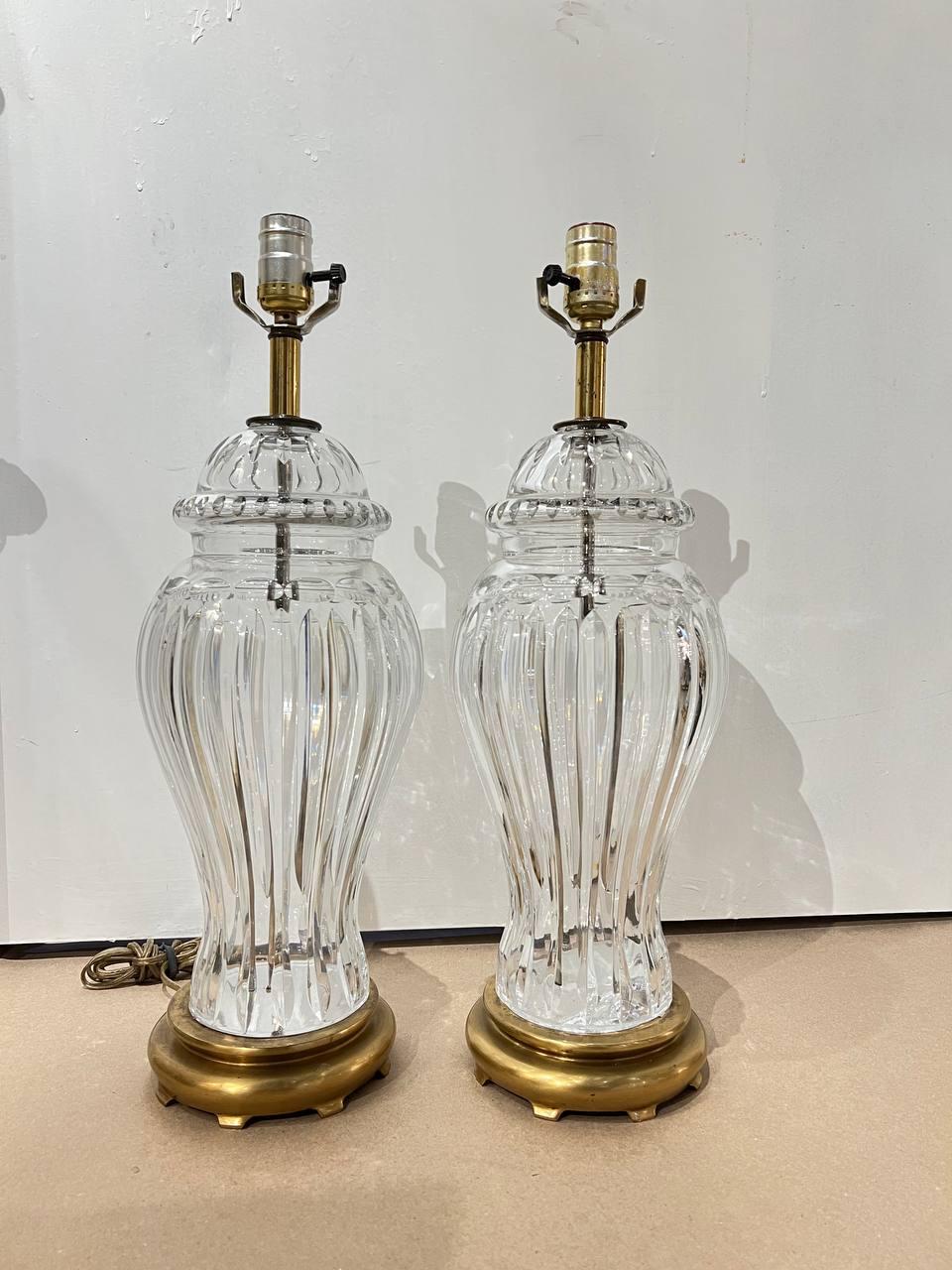 Hollywood Regency Pair of 1920's Large Cut Crystal Table Lamps For Sale