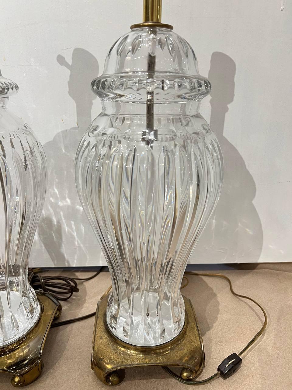 Hollywood Regency Pair 1920's Large Cut Crystal Table Lamps with Bronze Base  For Sale