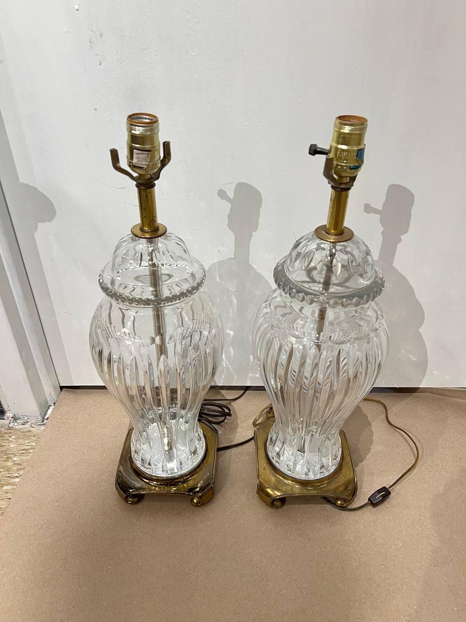 European Pair 1920's Large Cut Crystal Table Lamps with Bronze Base  For Sale