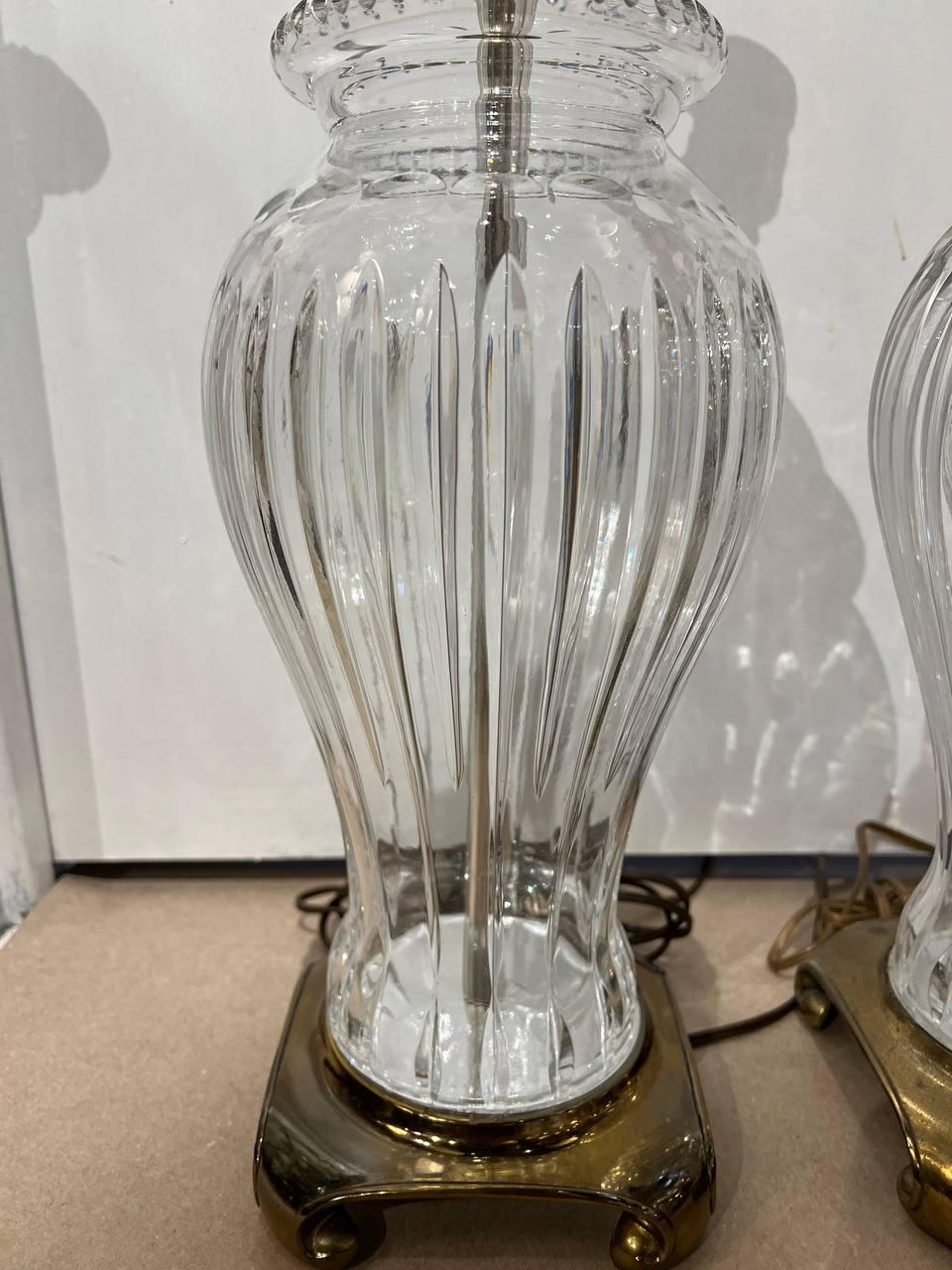 Early 20th Century Pair 1920's Large Cut Crystal Table Lamps with Bronze Base  For Sale
