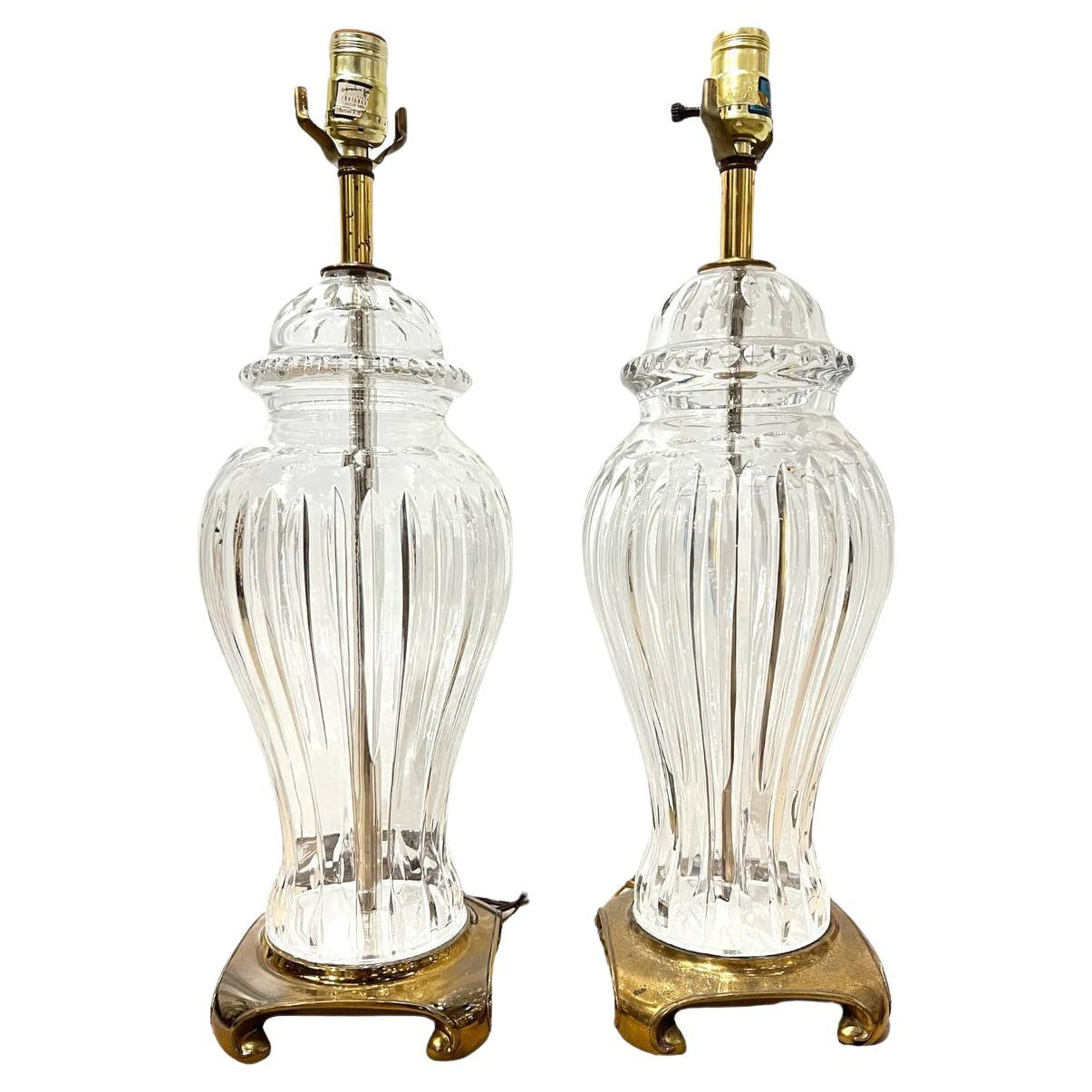 Pair 1920's Large Cut Crystal Table Lamps with Bronze Base 