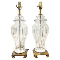 Vintage Pair 1920's Large Cut Crystal Table Lamps with Bronze Base 