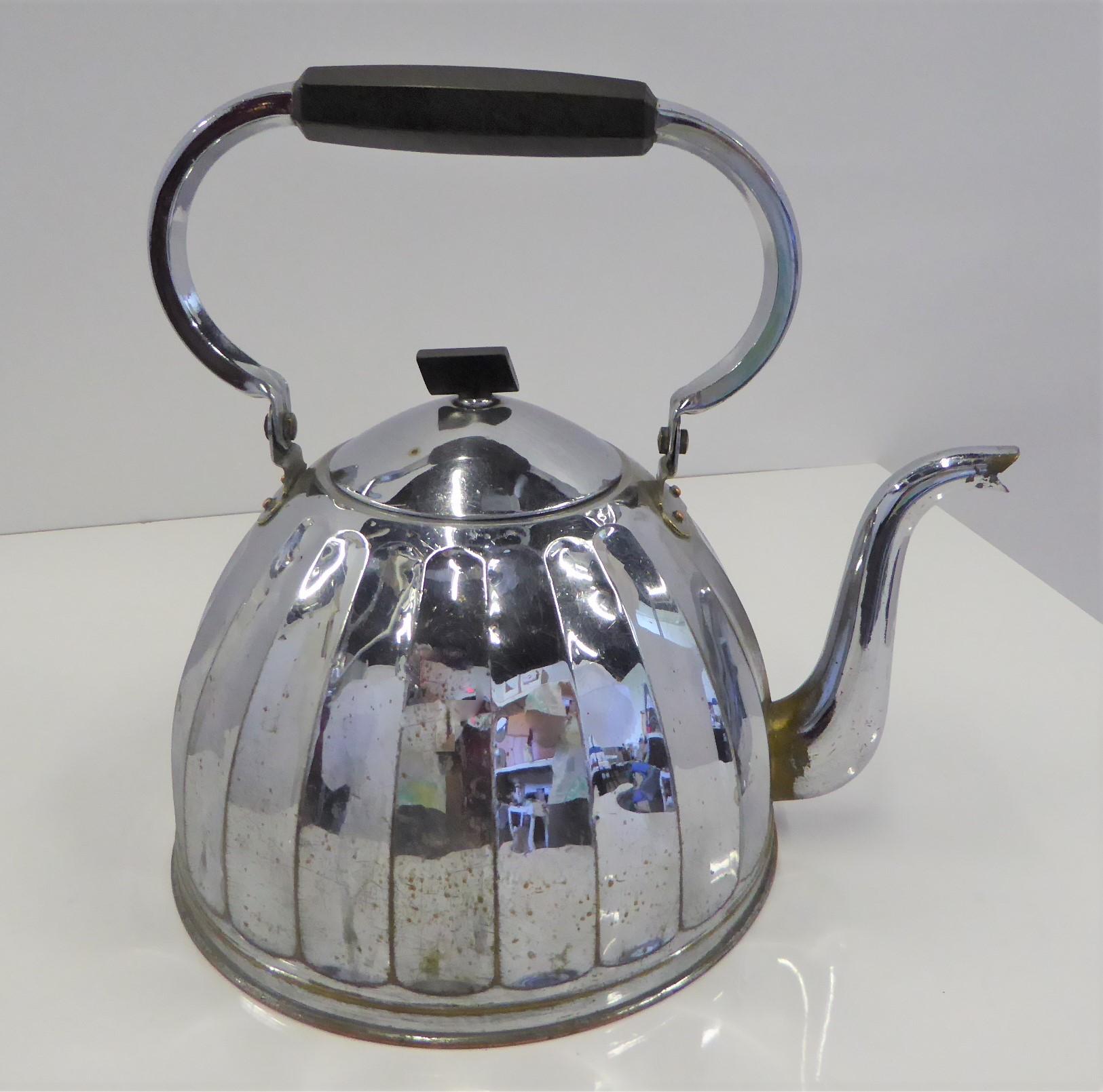 REDUCED from $180.....From the 1920s, large French or Belge stove top water kettle chrome plated on copper body. In a fair condition, with some abrasions, dings and loss of the chrome but no structural damage. The bottom and inside showing some of